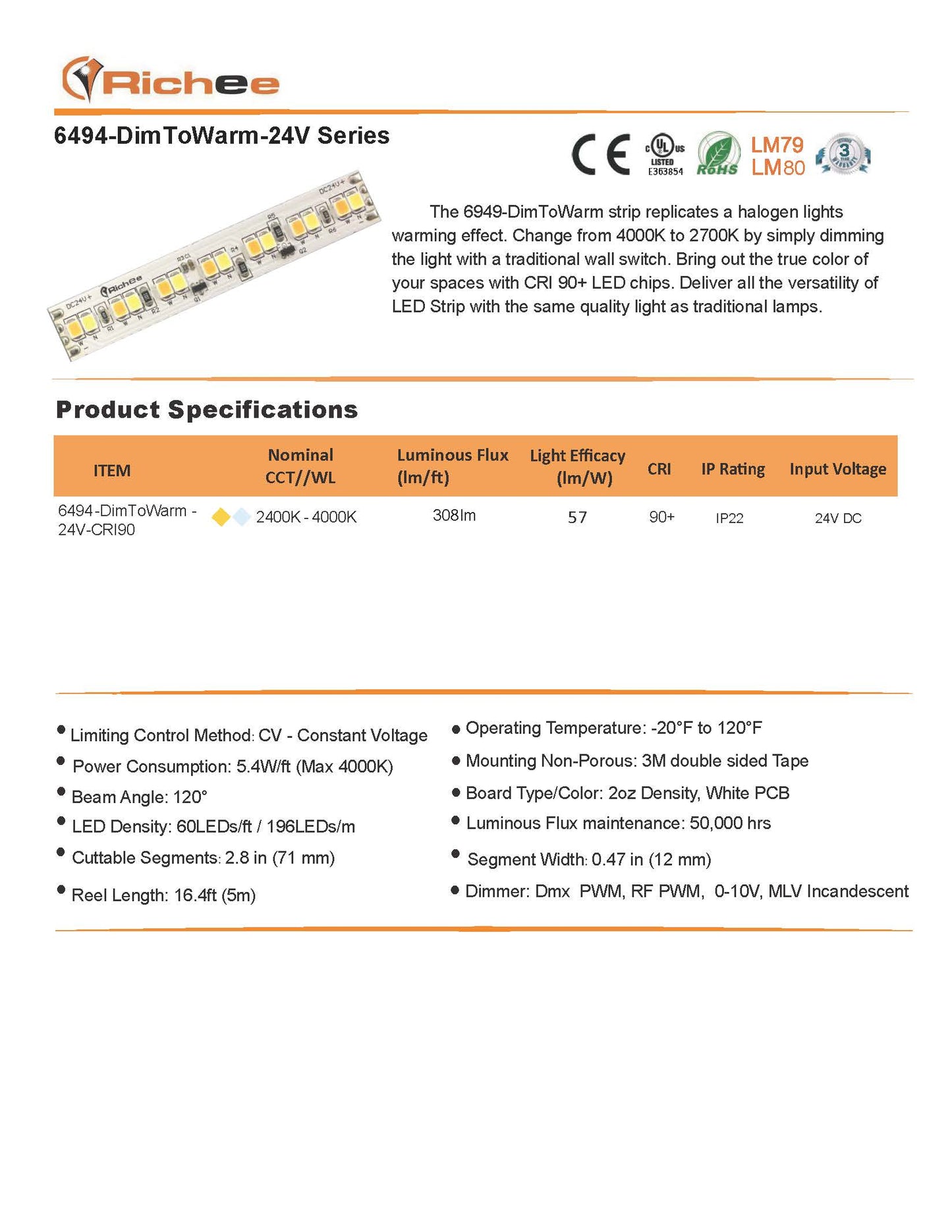 Dim to Warm Color Selectable LED Strip 5.4W, 300LM/FT
