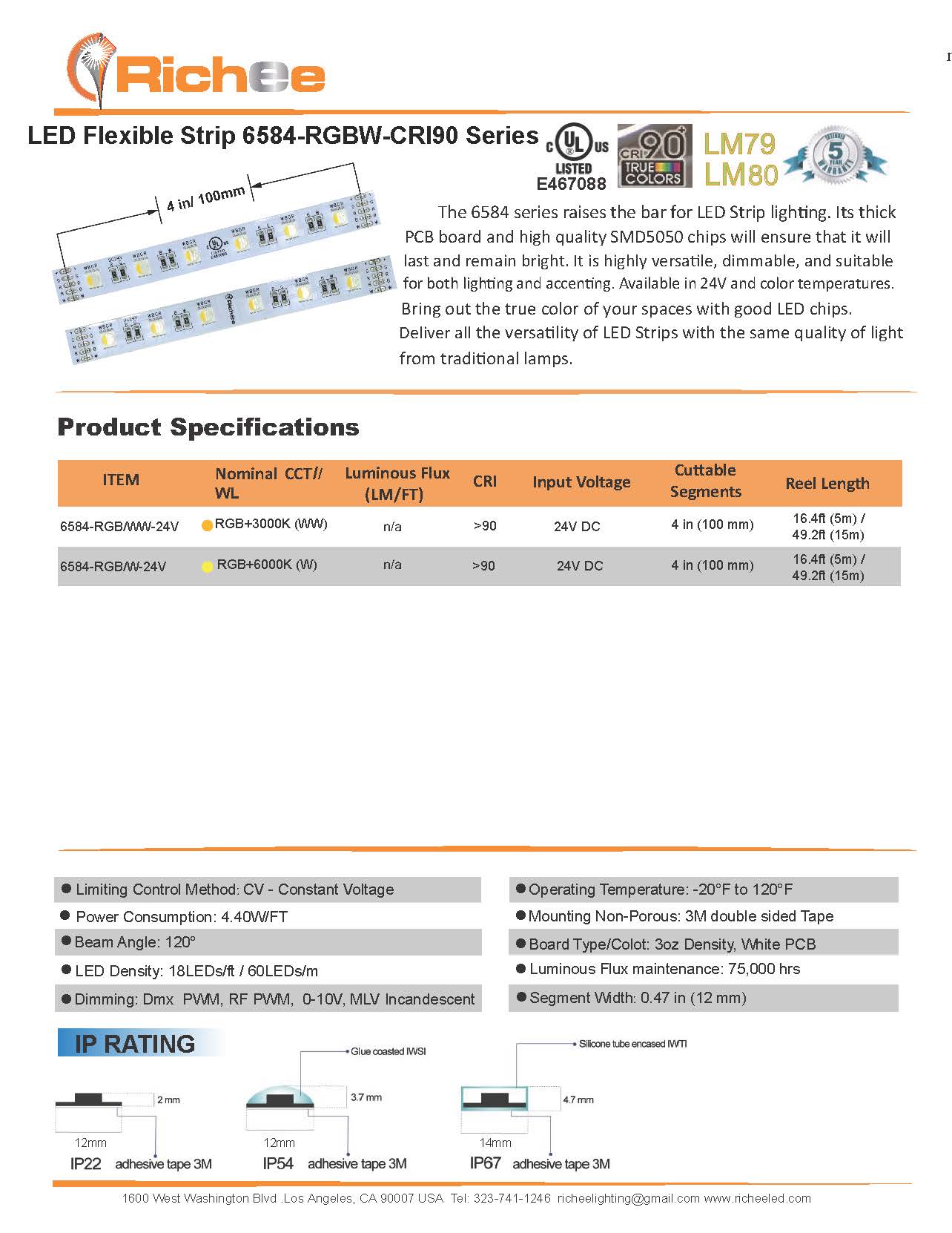 Outdoor Color Changing True White RGBW 4.4W/FT 24V DC IP67 LED Strip