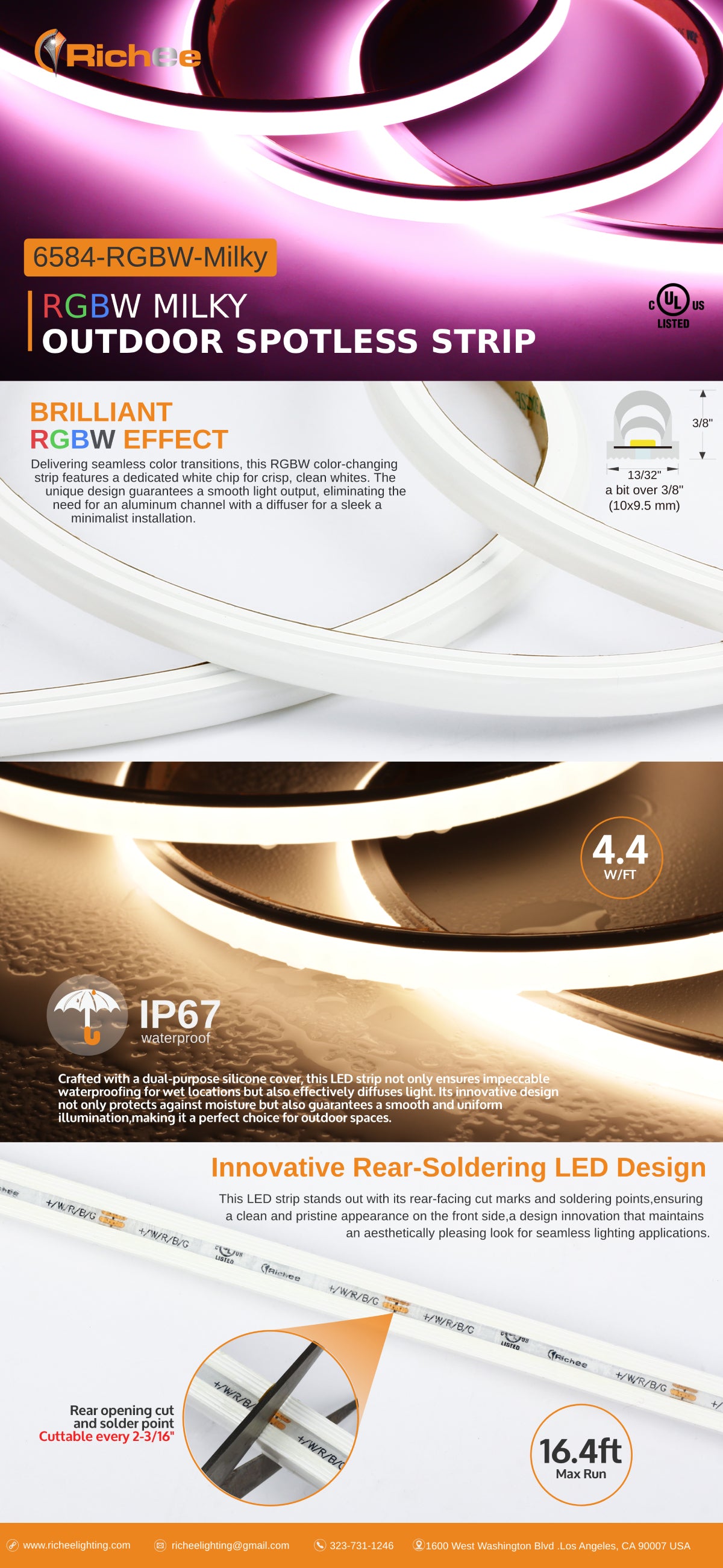 RGBW Milky Outdoor Spotless Strip 4.4W/Ft 24V Dc