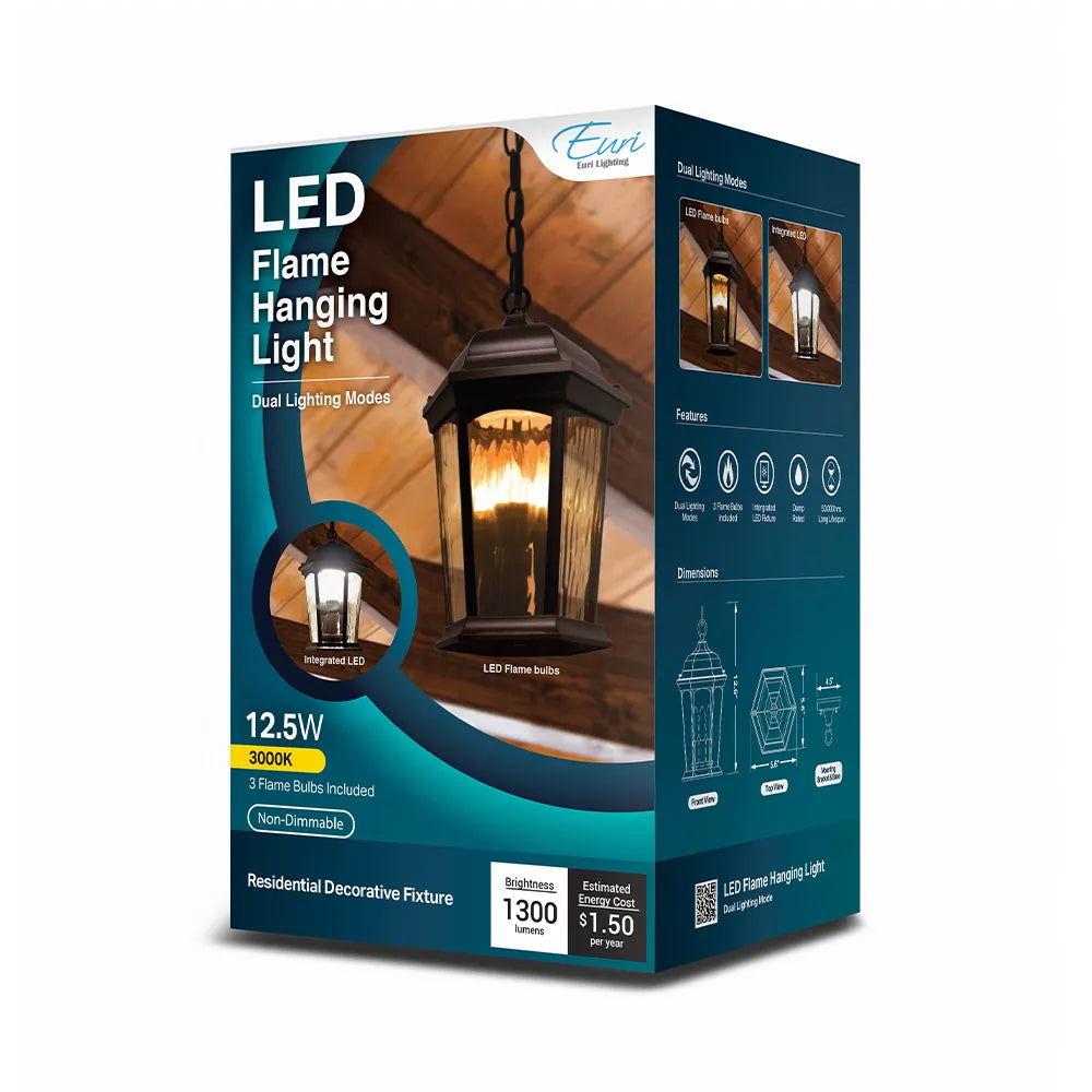 LED Flickering Flame Hanging Lantern w/Dual Security Light (Bronze) - EHL-130W-MD