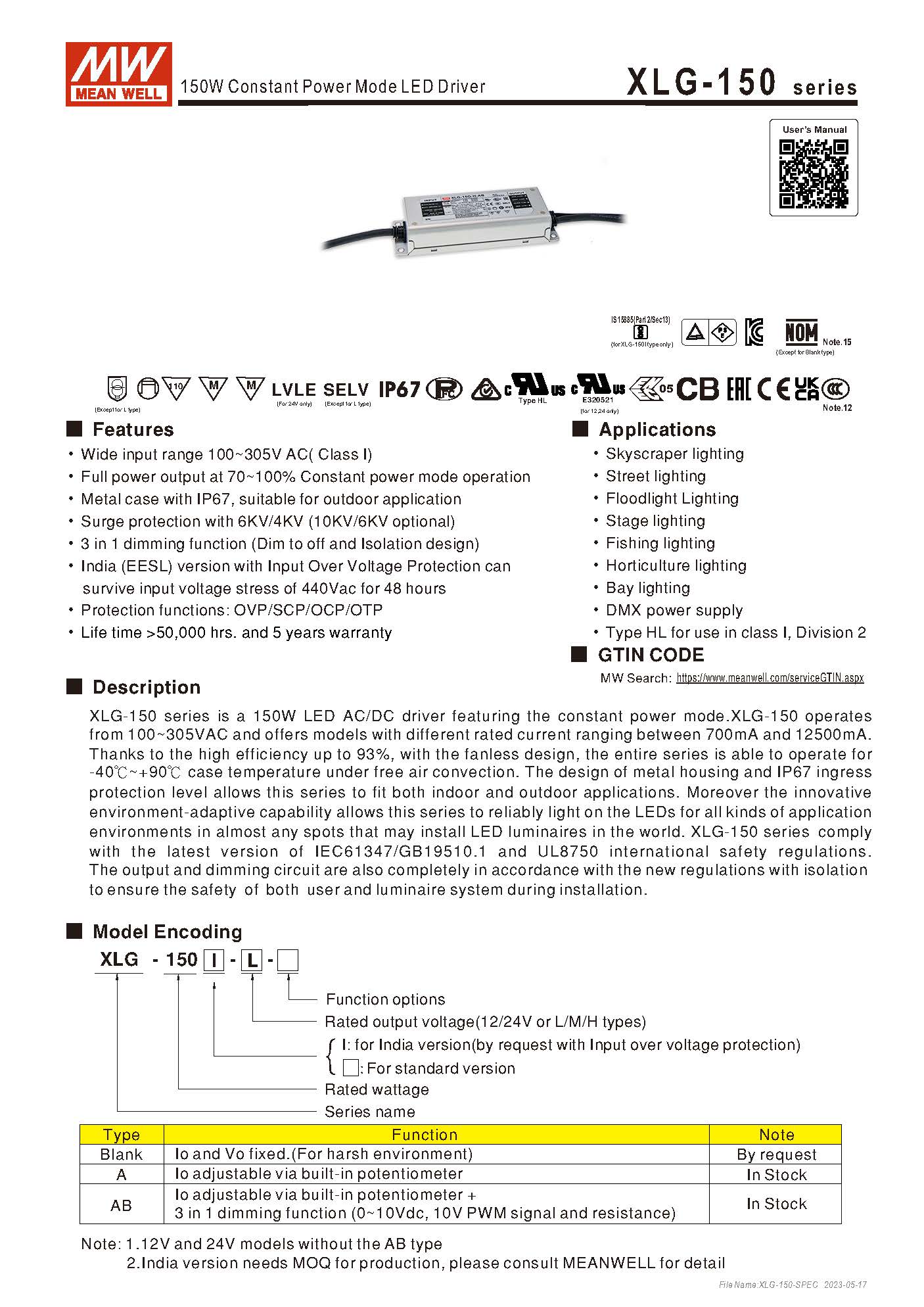 Compact Outdoor UL Mean Well Power Supply 24V 150W