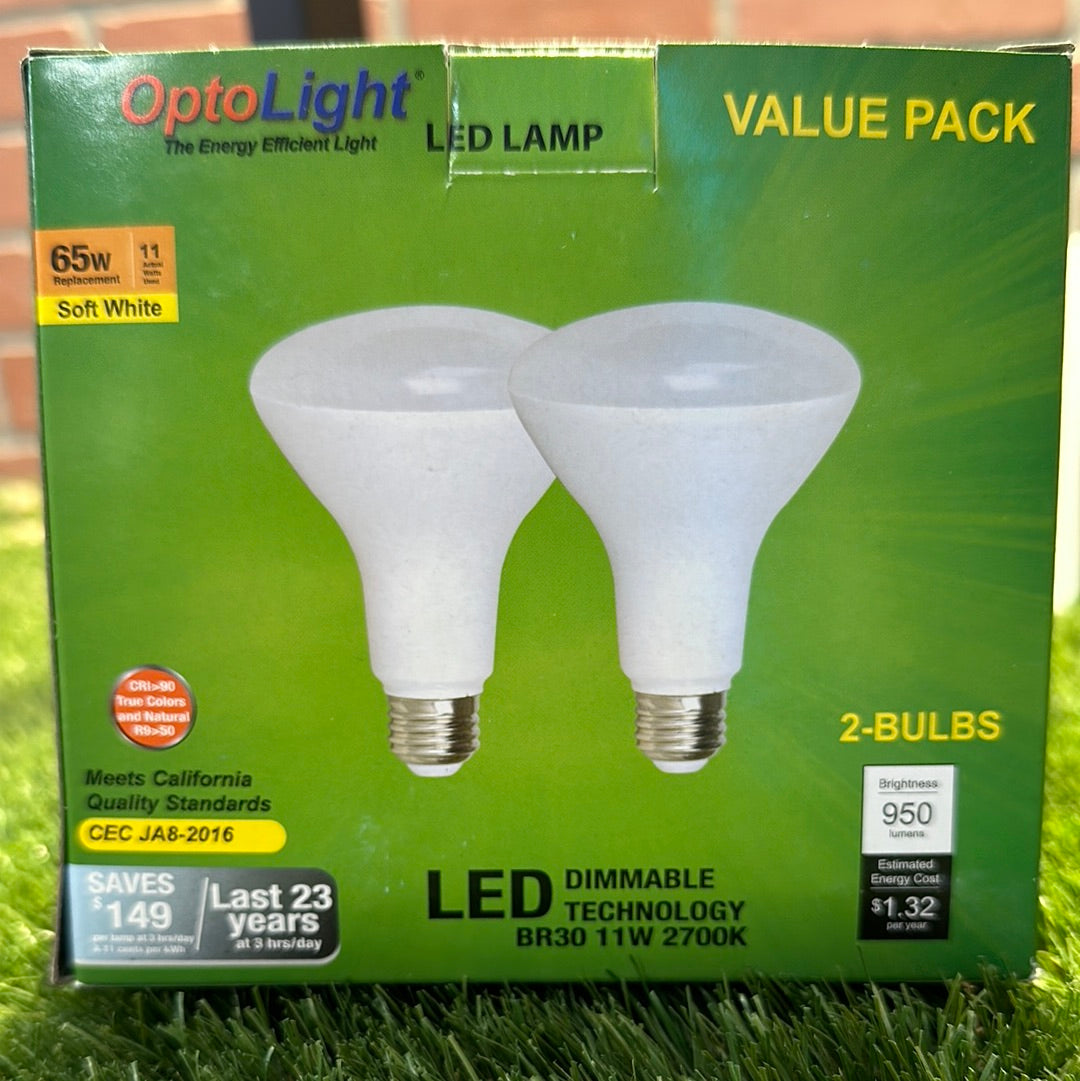 OptoLight LED Dimmable BR30 Light Bulbs 11W 2700K (2 Bulbs)