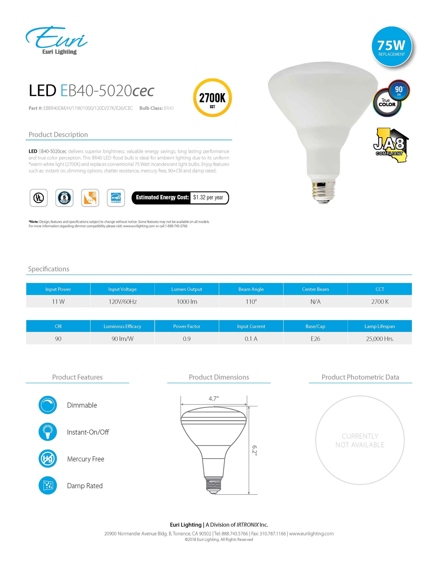 BR40 LED Bulb Dimmable 11W 2700K