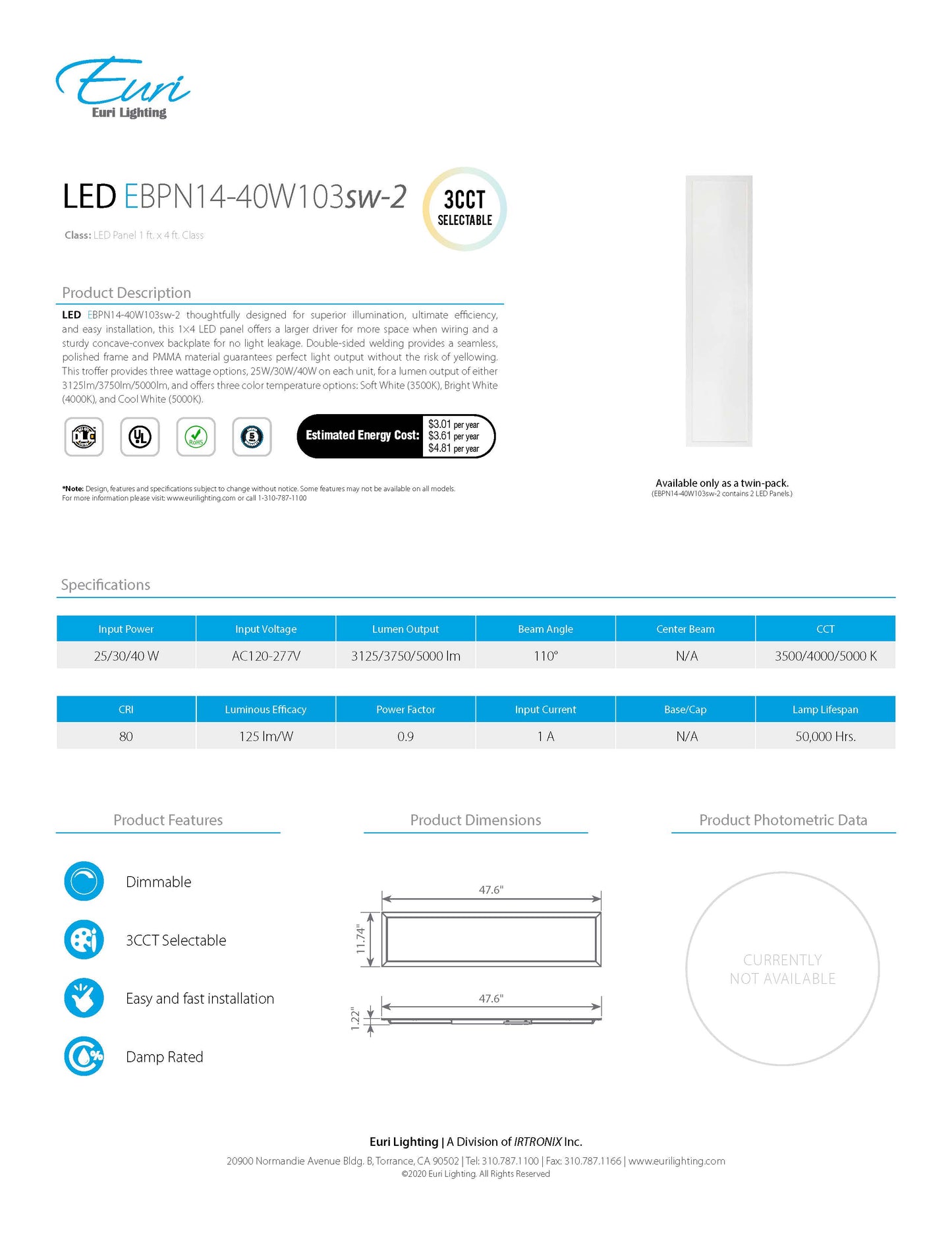 LED Flat Panel 1 x 4 - Euri Lighting 2-pack - EBPN14-40W103sw-2