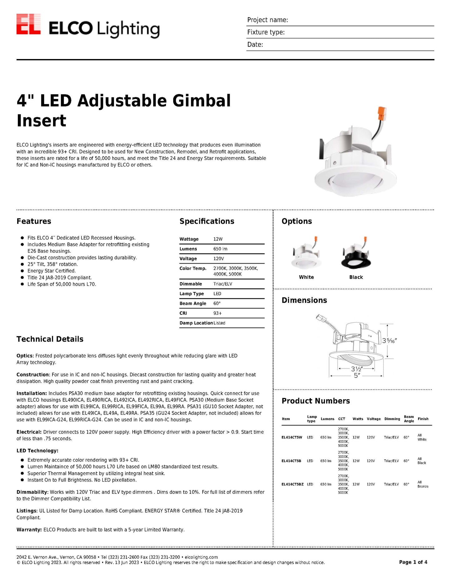 4" LED Adjustable Gimbal Insert -Elco