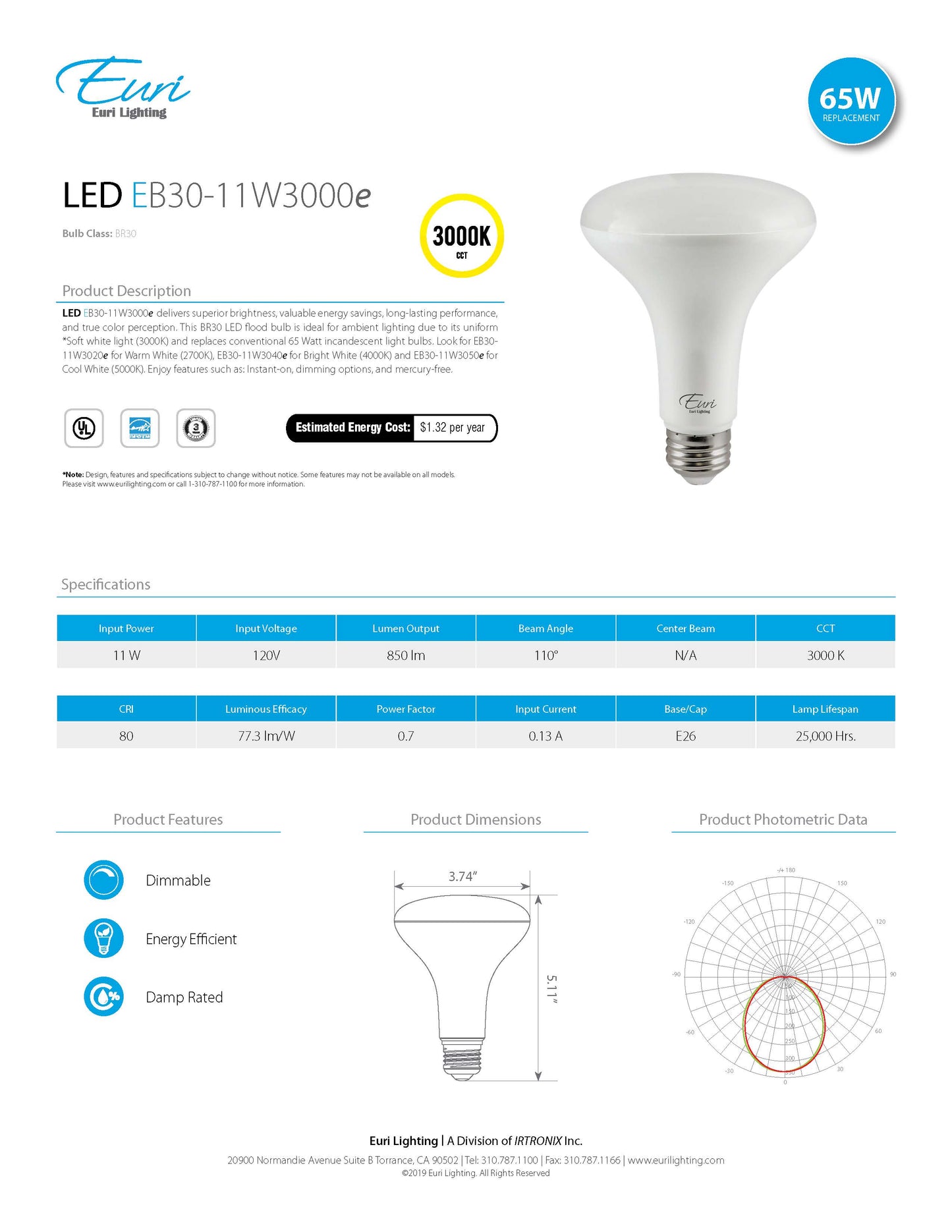 BR30 LED Bulb 11W 3000K - Euri Lighting
