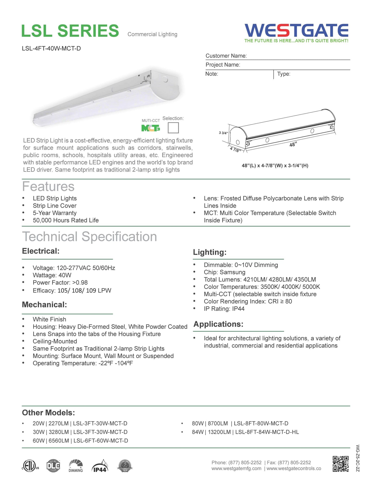 LED Strip Lights, 40W, 3500K/4000K/5000K - Westgate