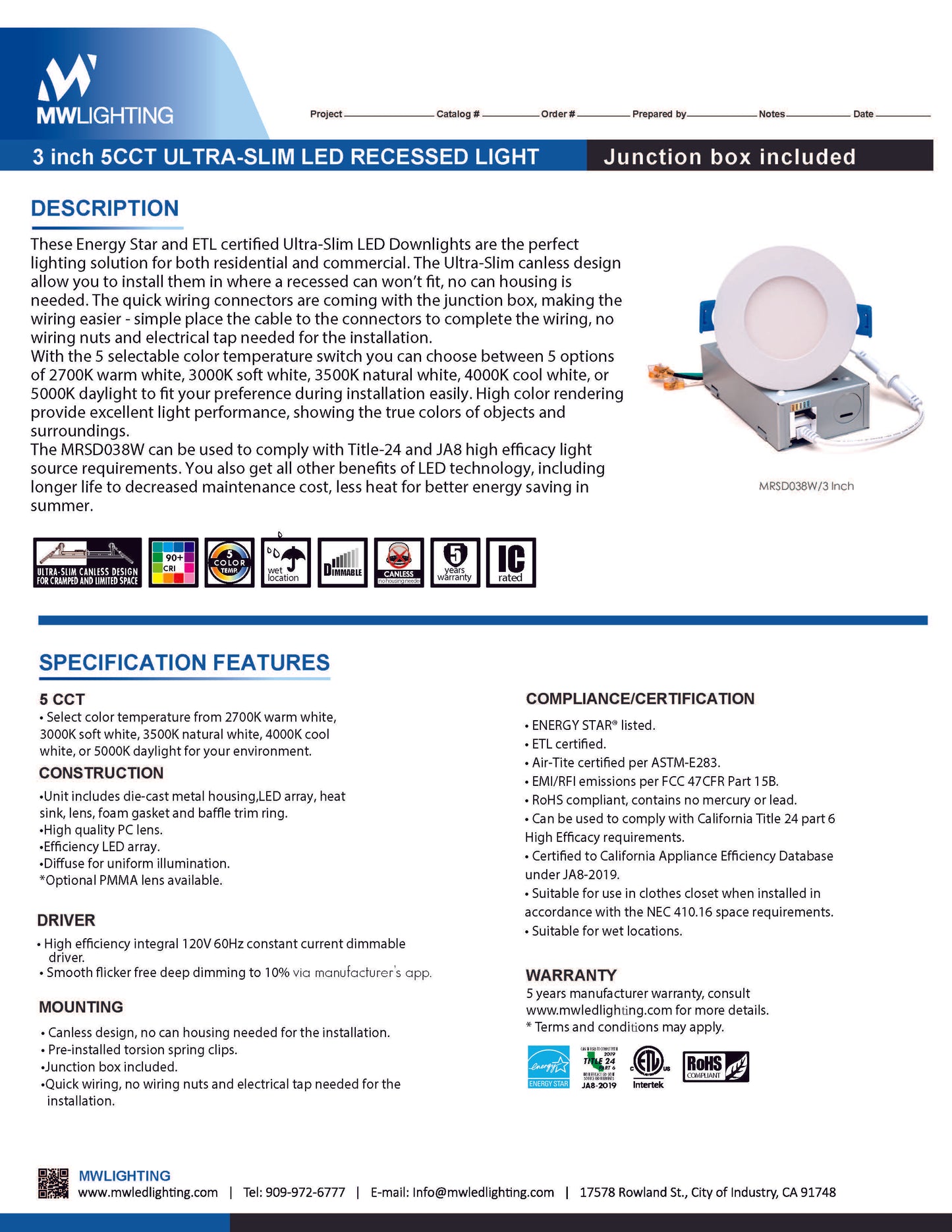 3" 5CCT Canless Ultra-Slim Recessed Light - MW Lighting