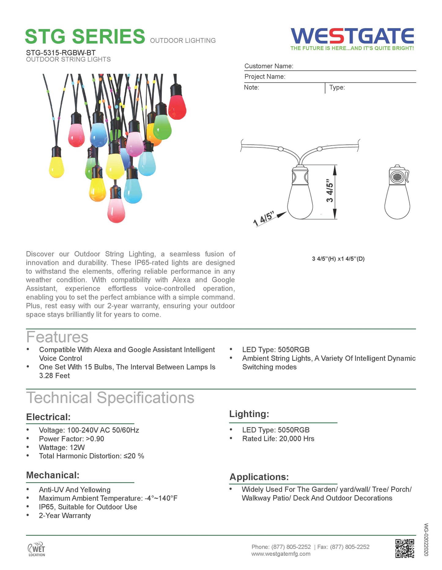 Lantern Outdoor RGB-IC Bluetooth App Controlled String Light, 12W