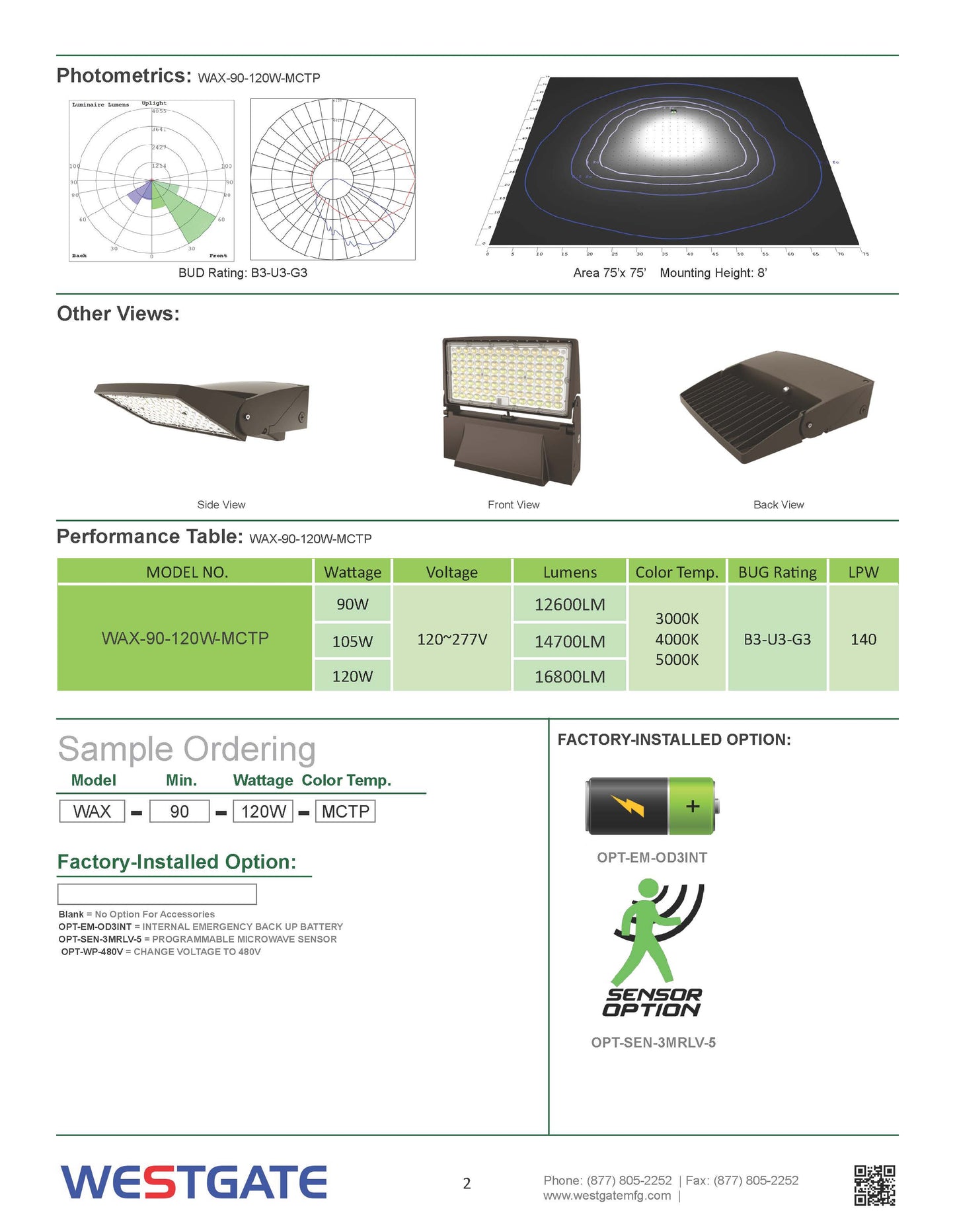 Modern Adjustable Wall Pack, 90W/105W/120W, 3000K/4000K/5000K