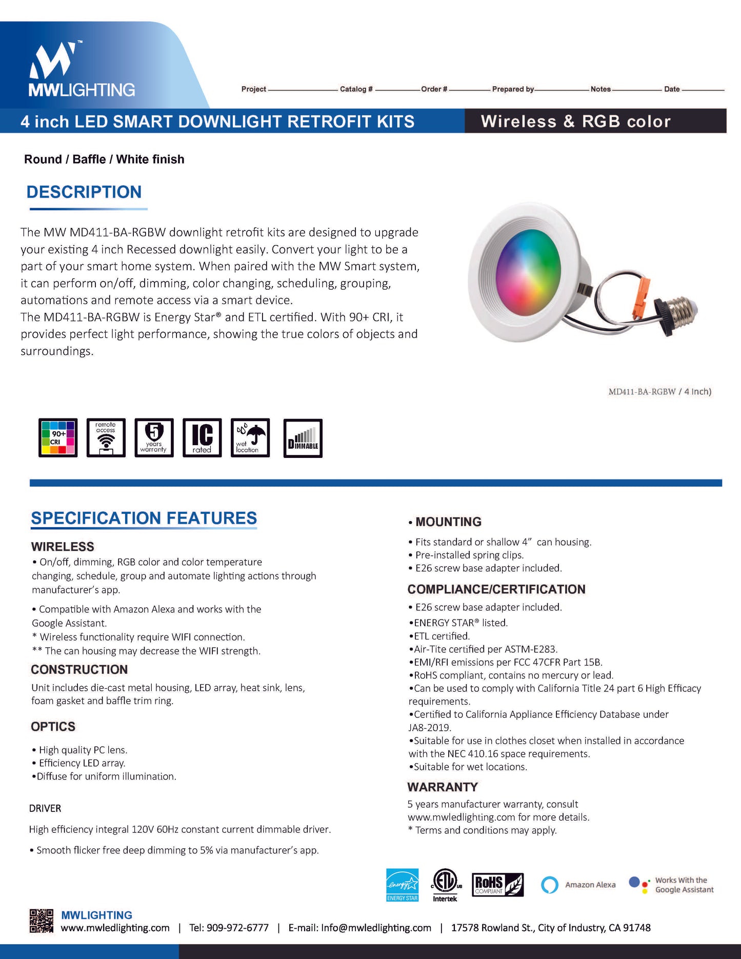 4" Baffle Smart Retrofit Downlight with RGBW
