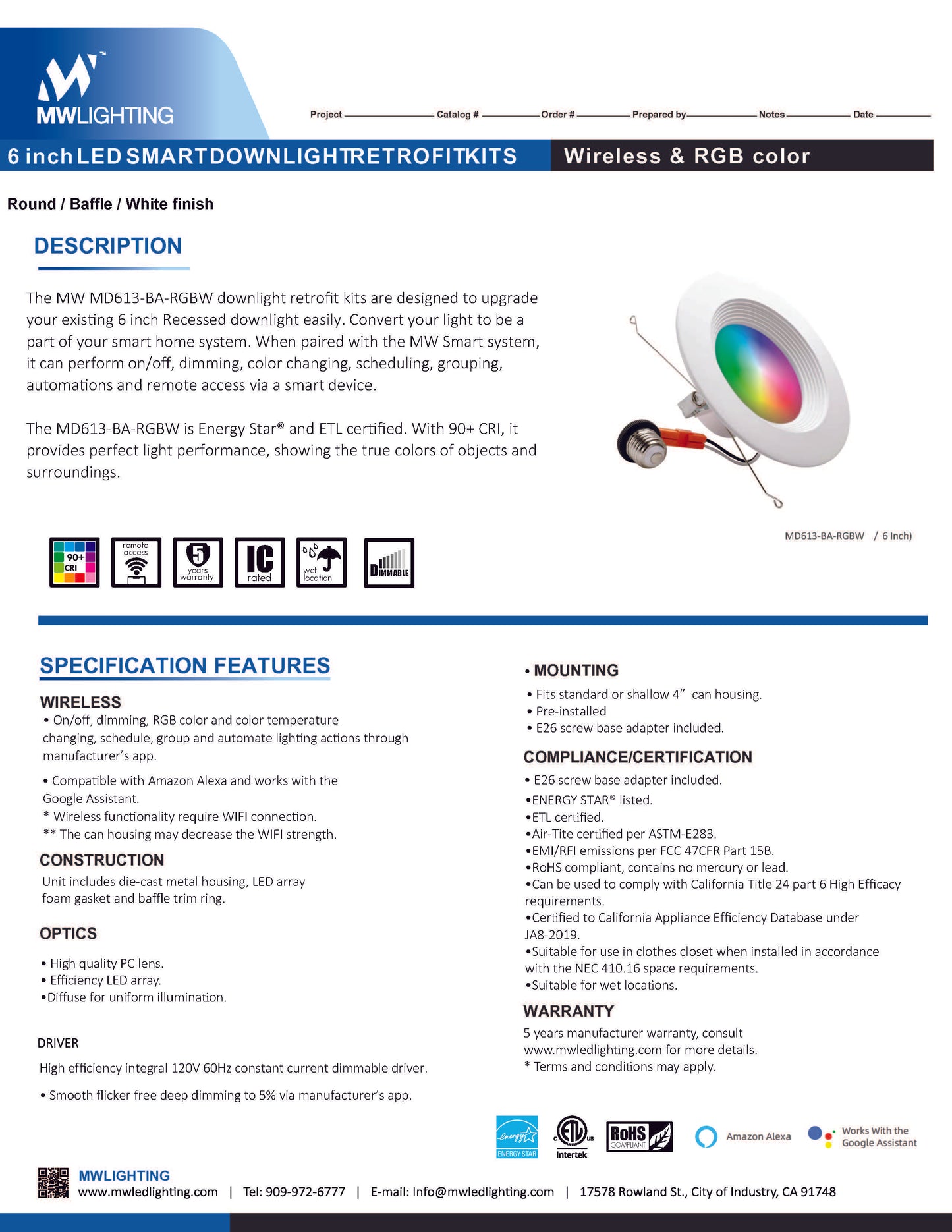 6" Baffle Smart Retrofit Downlight with RGBW