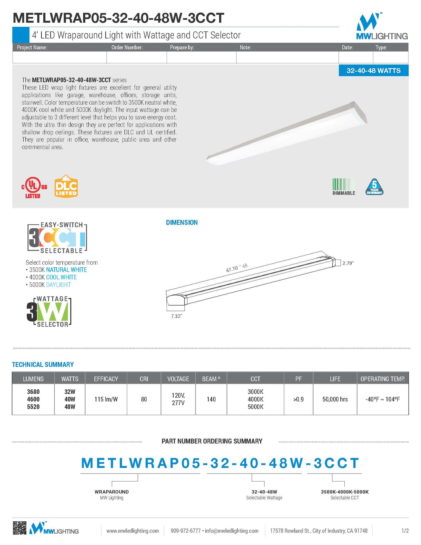 4' LED Wraparound Light with Wattage and CCT Selector