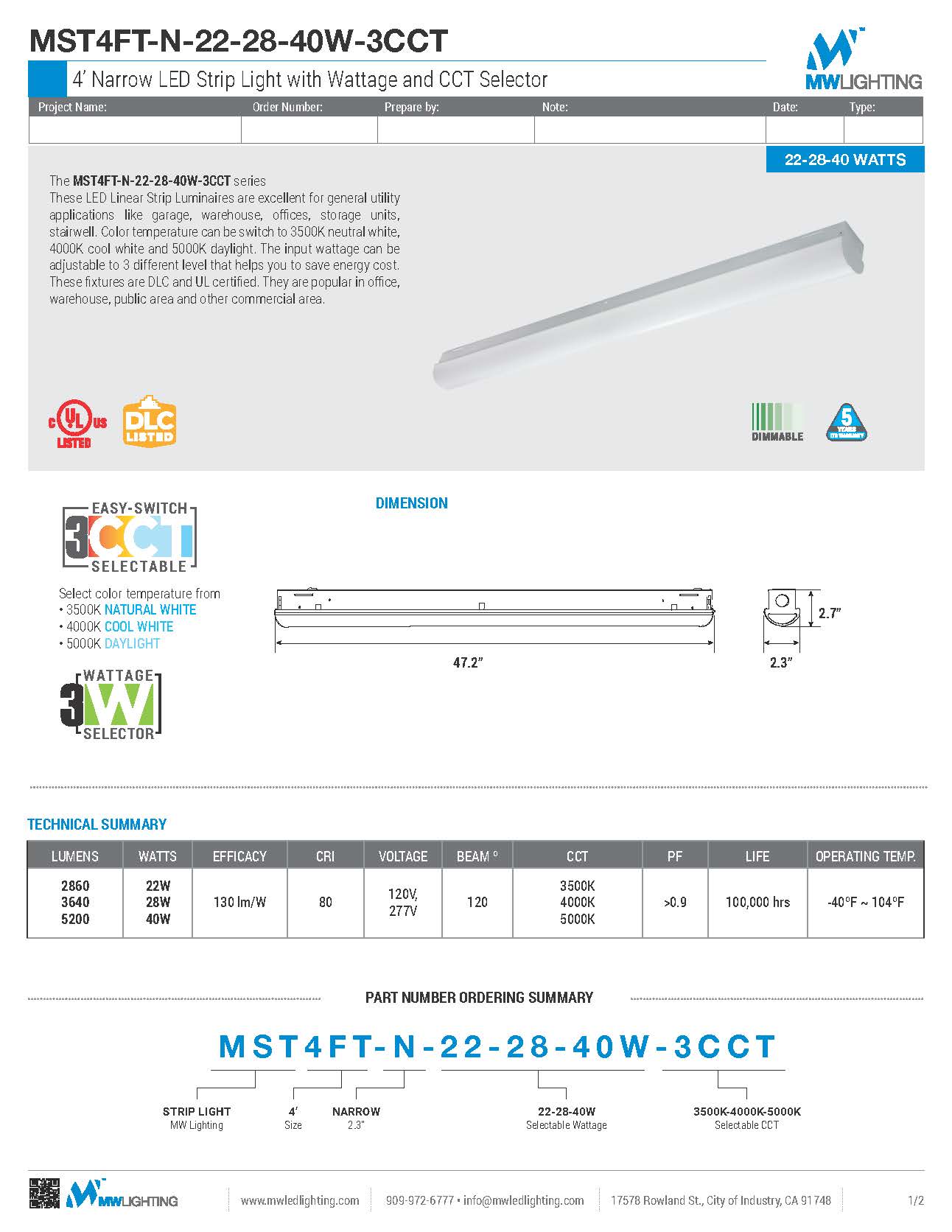 4' LED Narrow Strip Light with 22-28-40 Wattage and CCT Selector