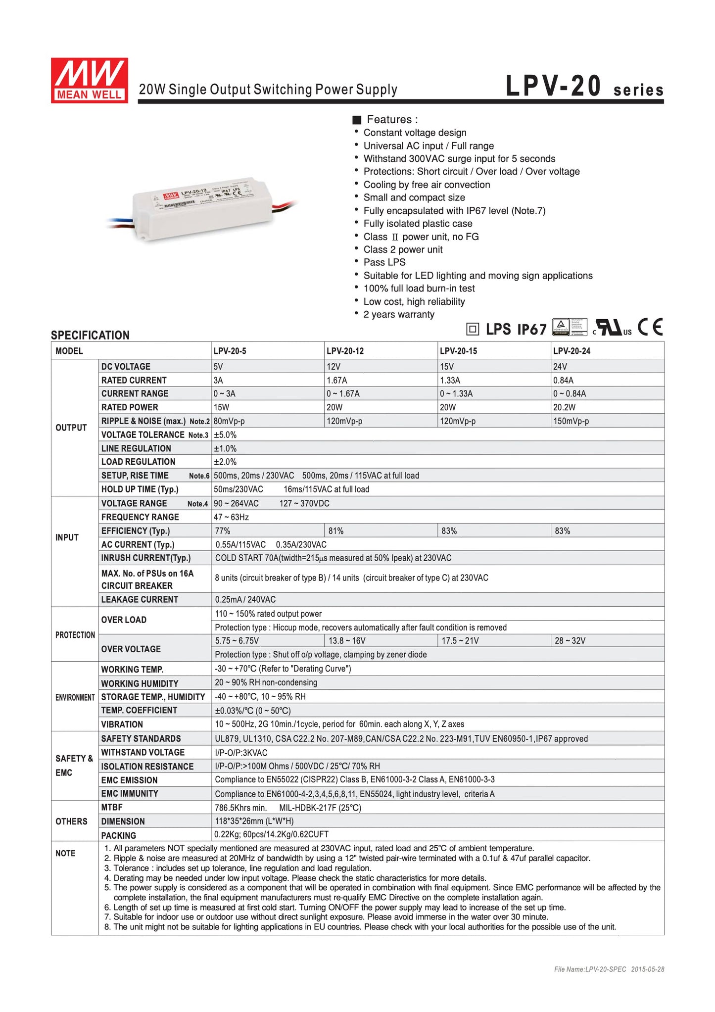 MEAN WELL 20W Single Output Switching Power Supply (Constant Power)