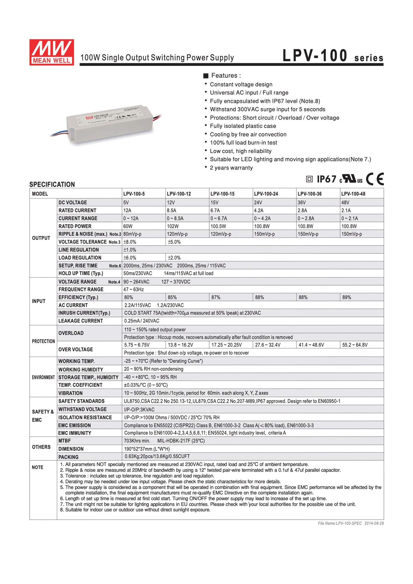 Waterproof UL Mean Well Power Supply 24VDC 100W
