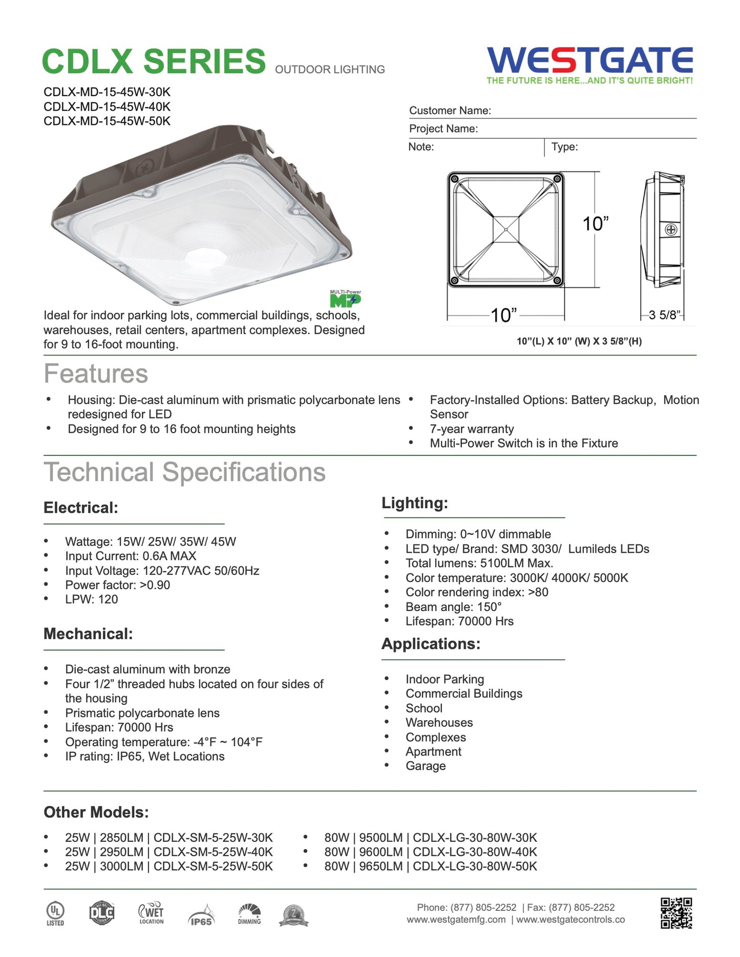 CDLX LED Power Adjustable Low Profile Canopy/Garage Light