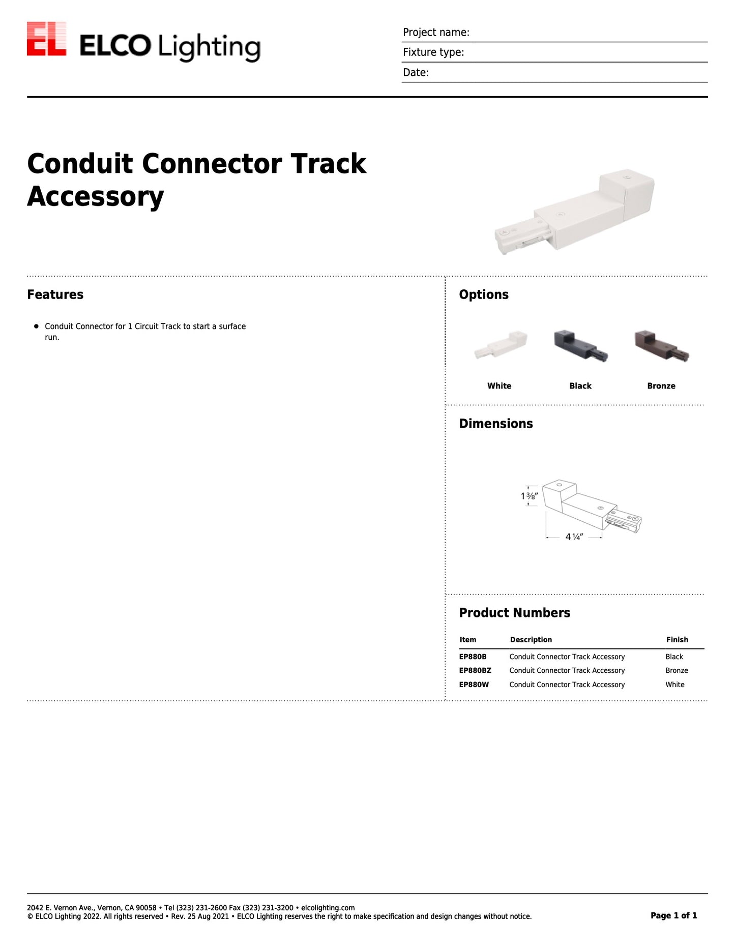 Elco Track Light Conduit Connector White