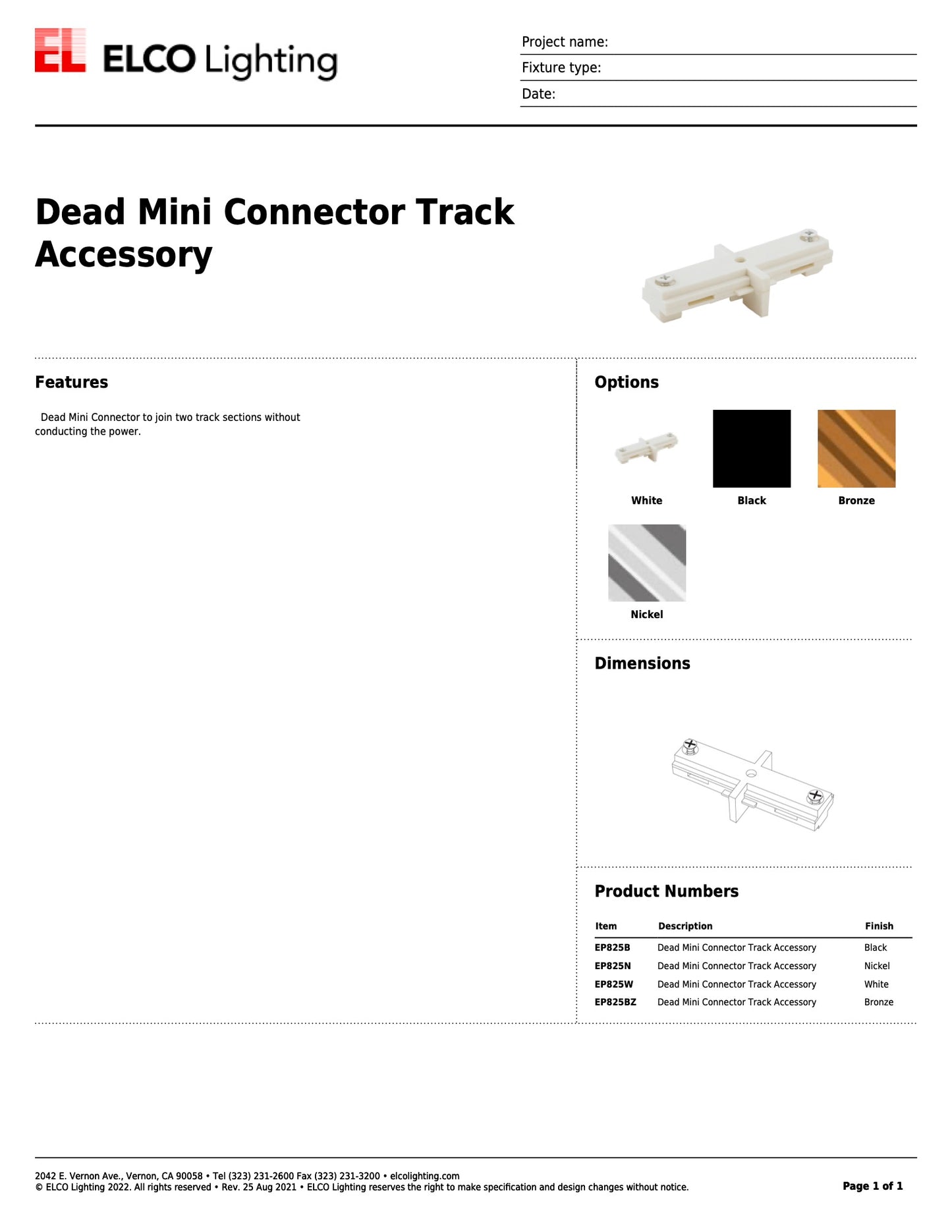 Elco Track Light Dead Mini Connector White