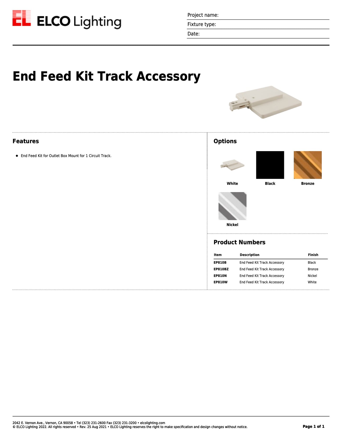 Elco Track Light End Fit Kit White