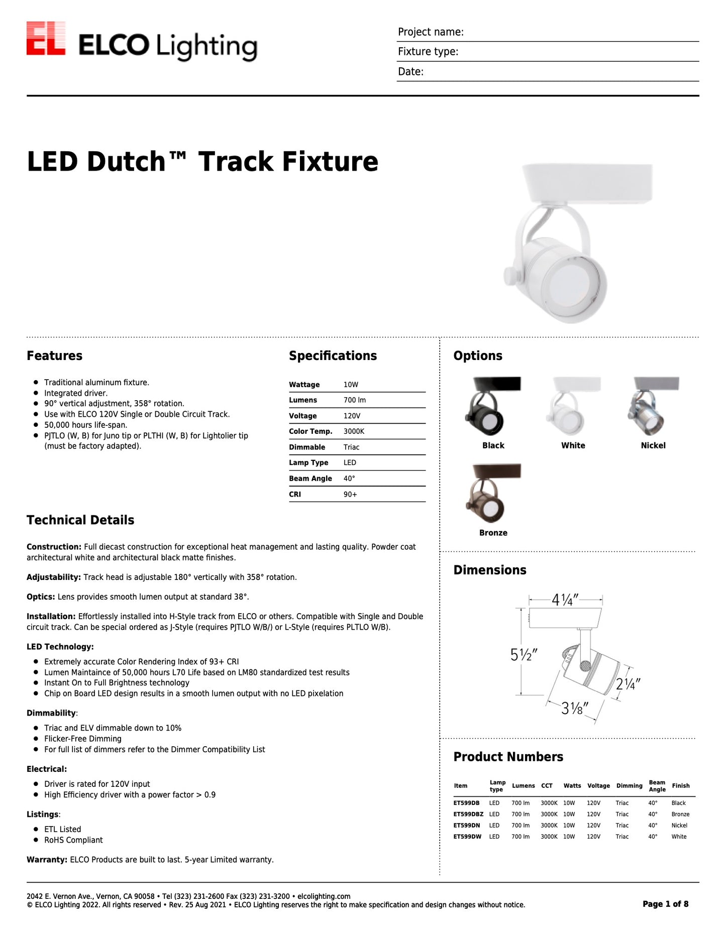 Elco Track Fixture LED Dutch White