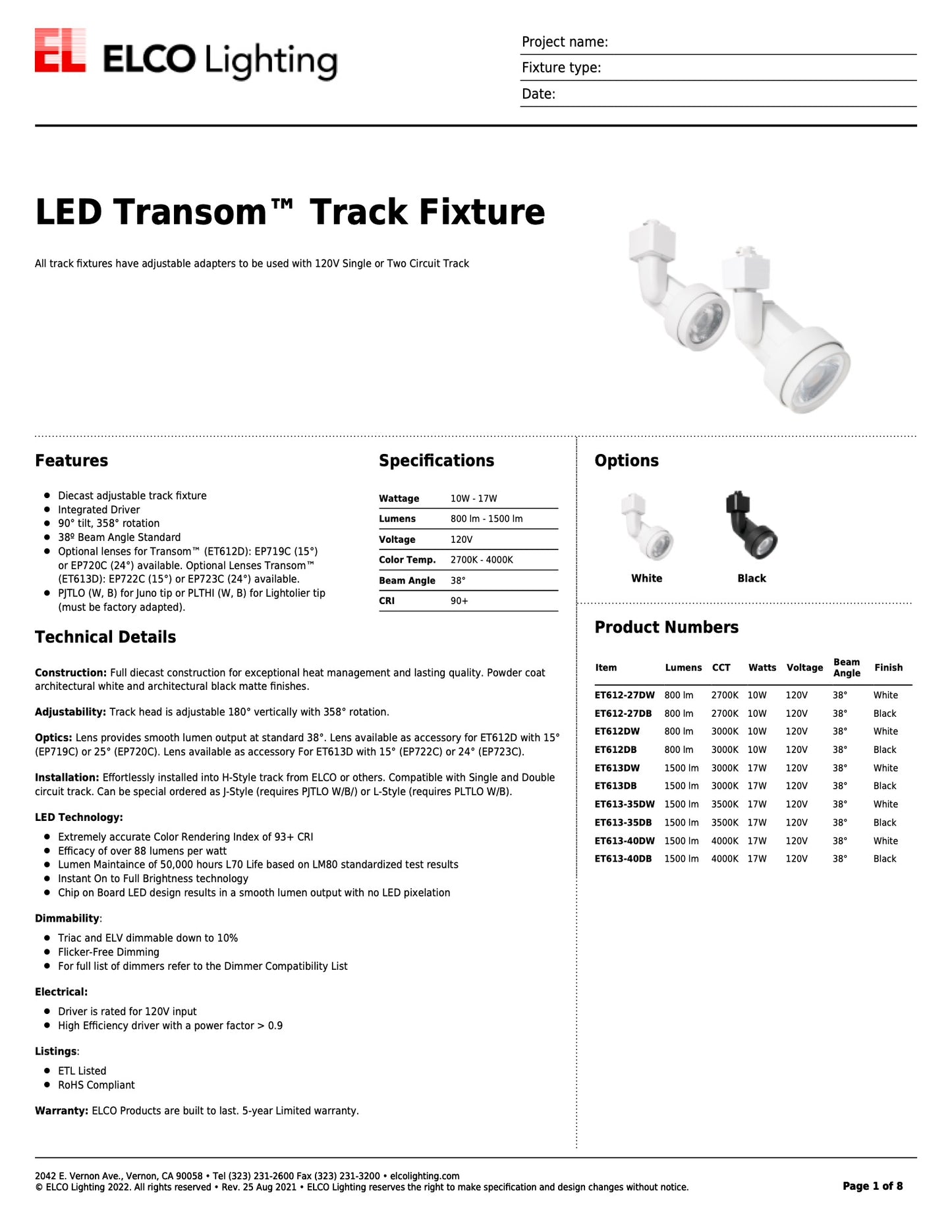ELCO Track Light LED Transom White