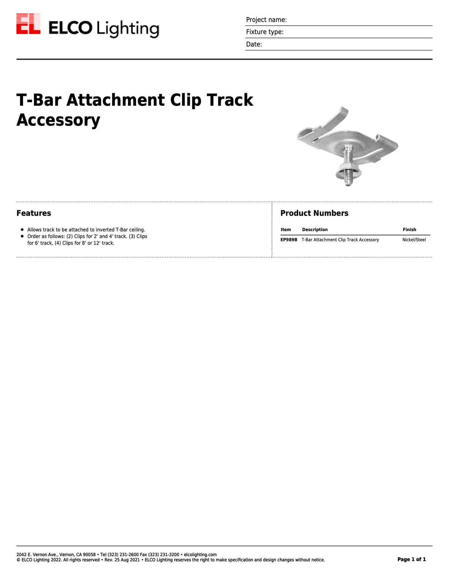 Elco Track Light T-Bar Attachment Clip