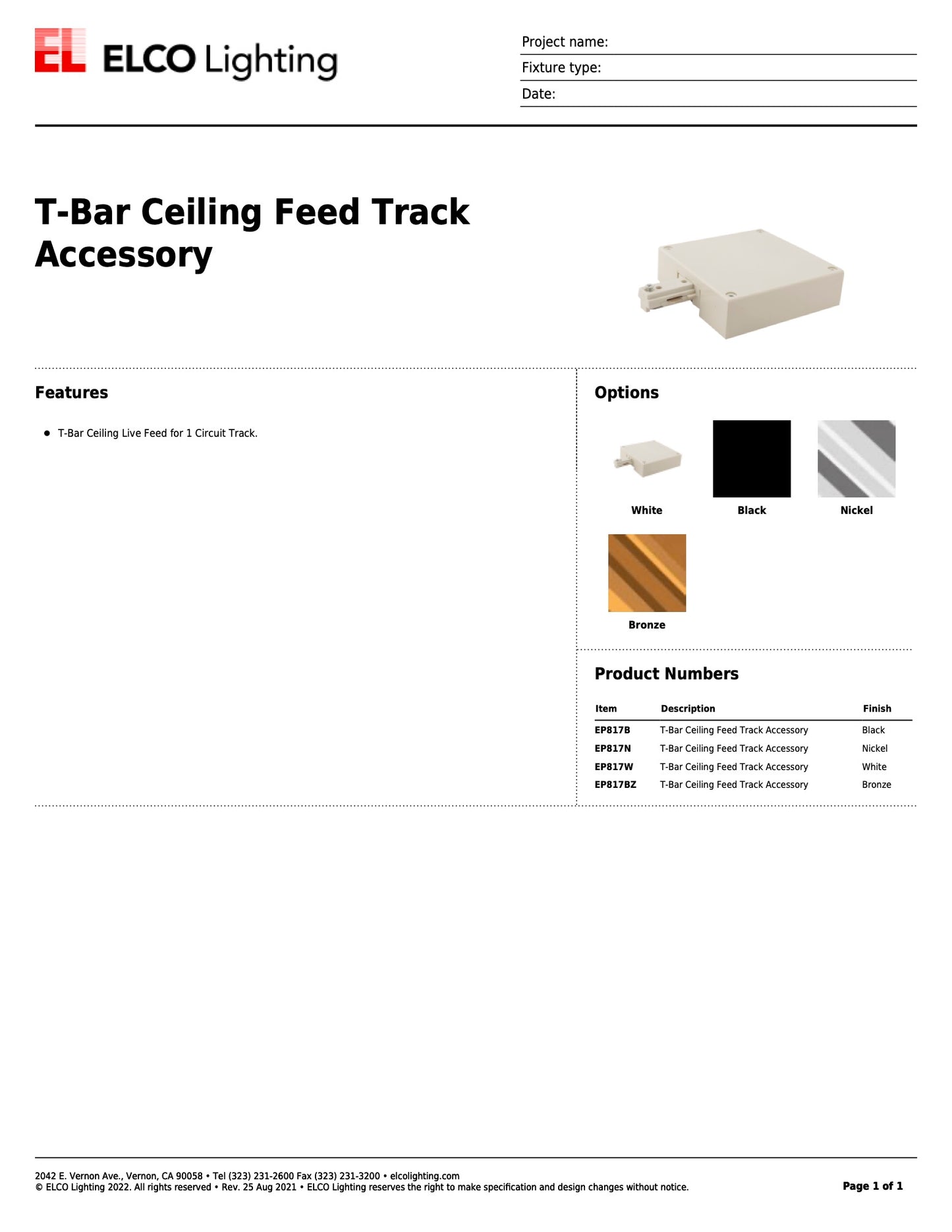 Elco Track Light T-Bar Ceiling Feed White