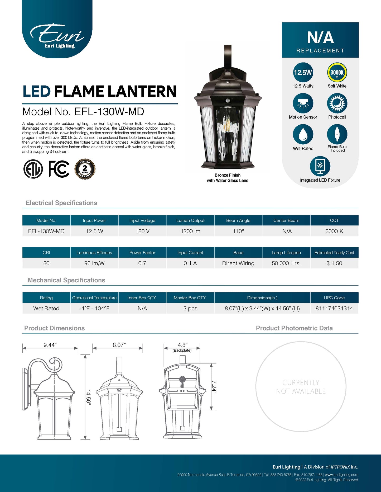 LED Flickering Flame Lantern w/Dual Security Light (Bronze) - EFL-130W-MD
