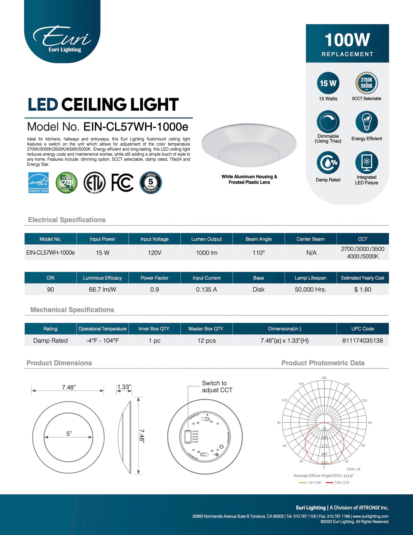 7” Indoor Round LED Ceiling Light