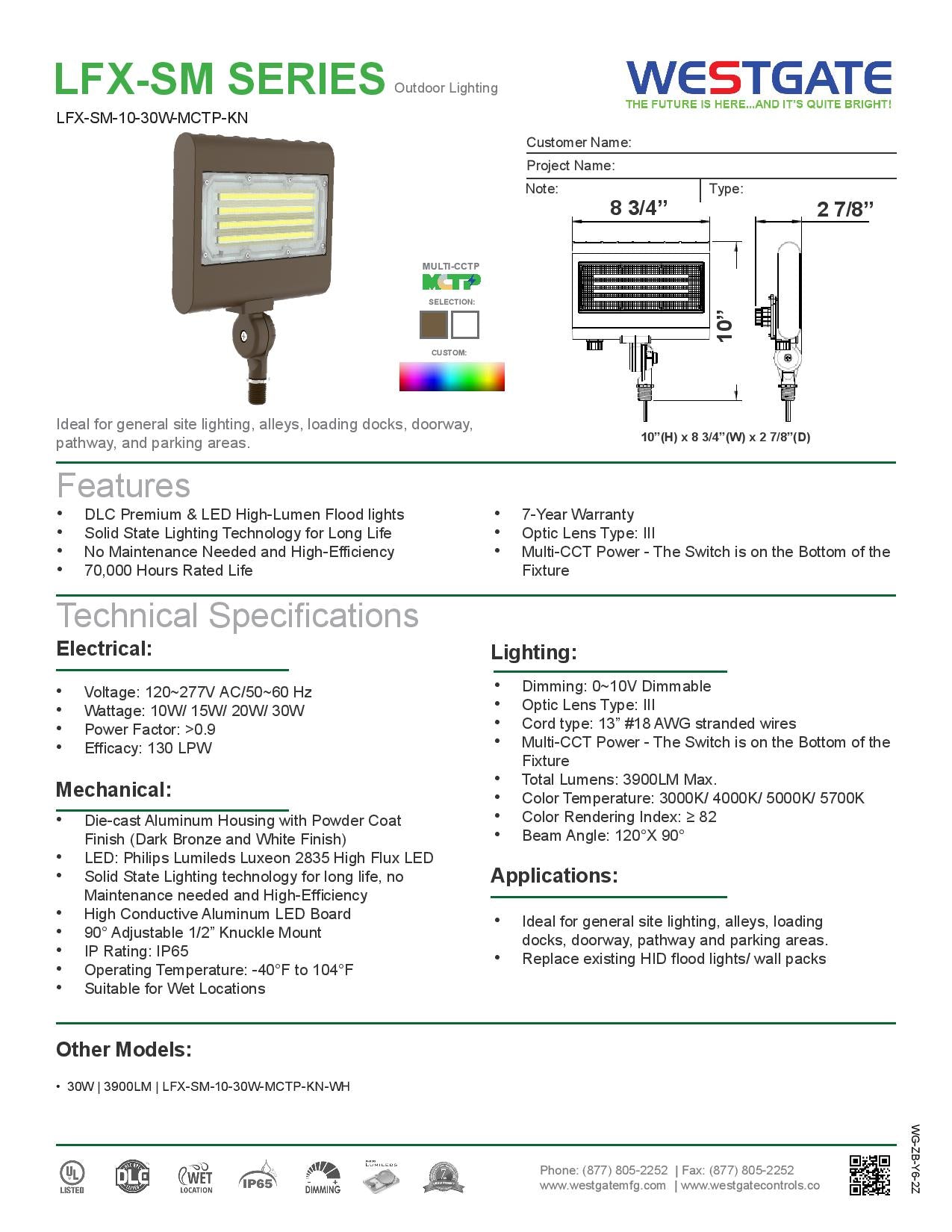 LFX LED Small Multi-Power & Multi-CCT High Lumen Flood Light with 1/2" Knuckle - Westgate