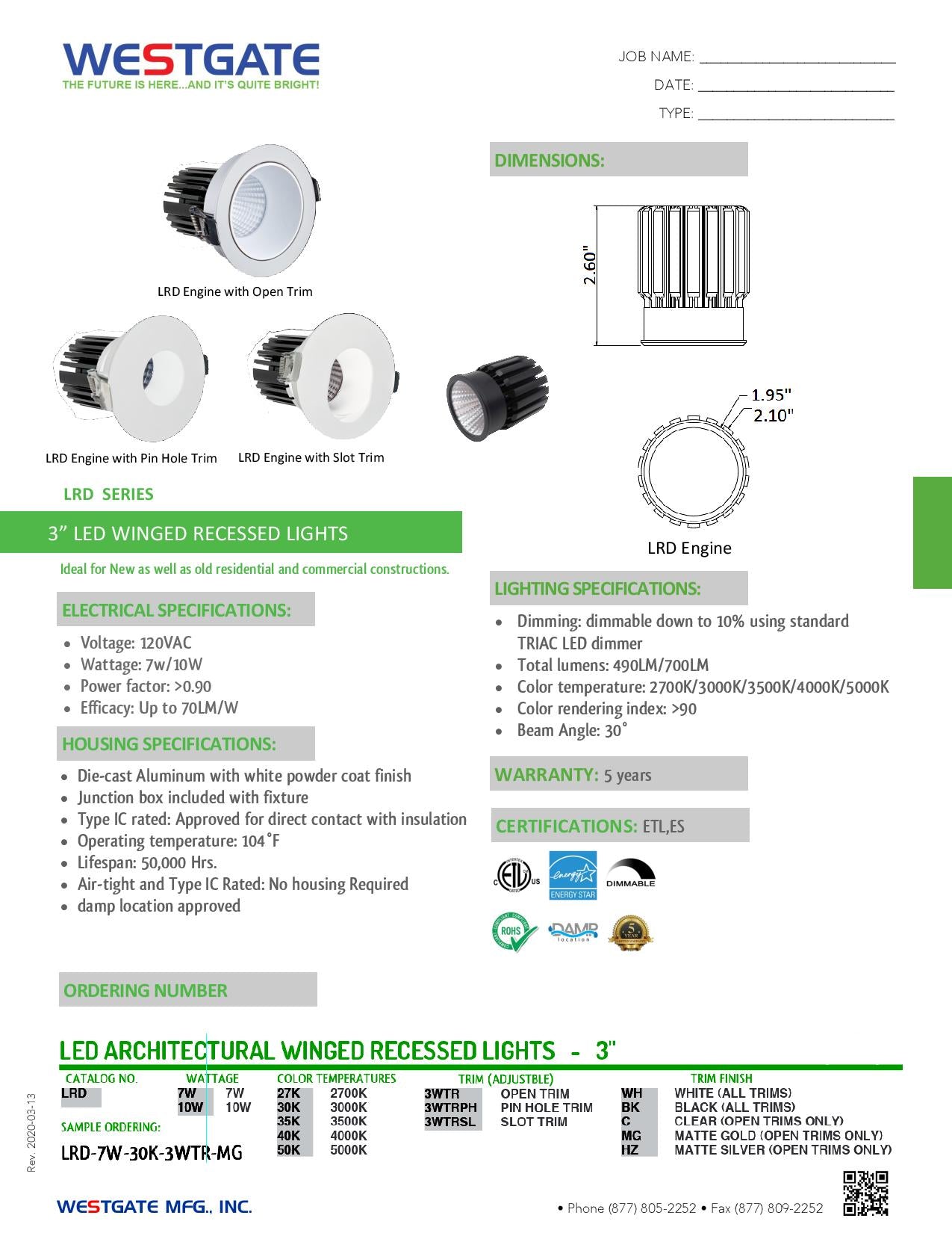 LED 3" Architectural Winged Recessed Lights - Pin Hole Trim