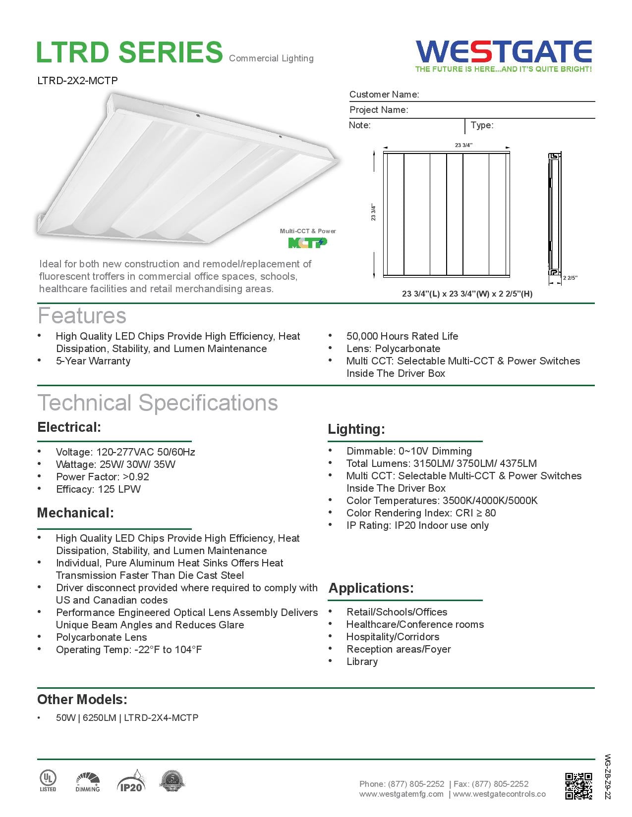 LTRD LED Multi-Wattage & Multi-CCT Dual Lens Troffer Lights - WESTGATE