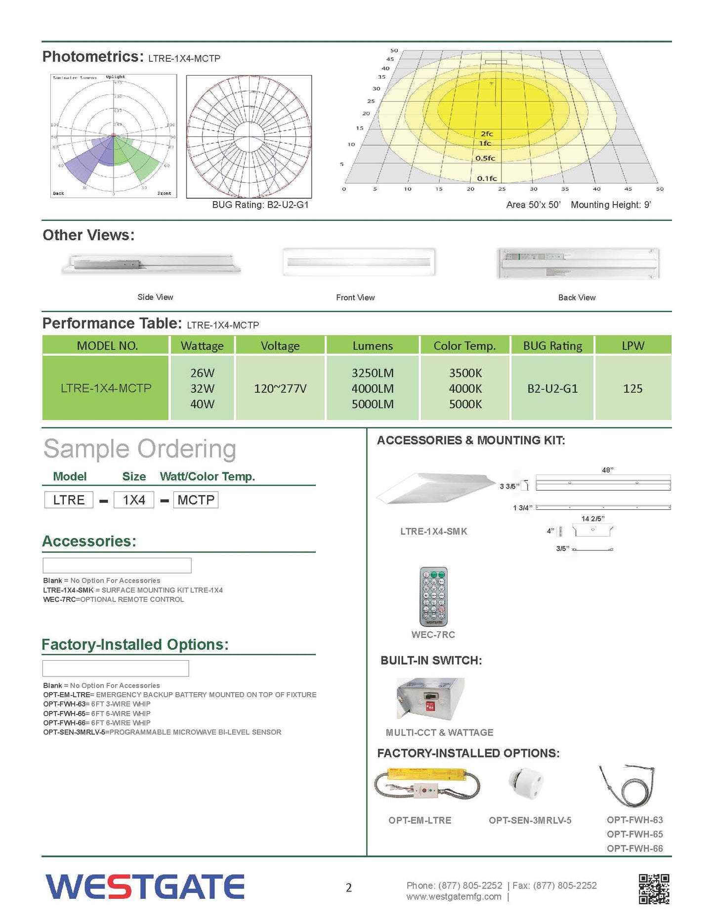 LED Center-Basket MCTP Troffer Lights, 26W, 32W, 40W, 3500K, 4000K, 5000K