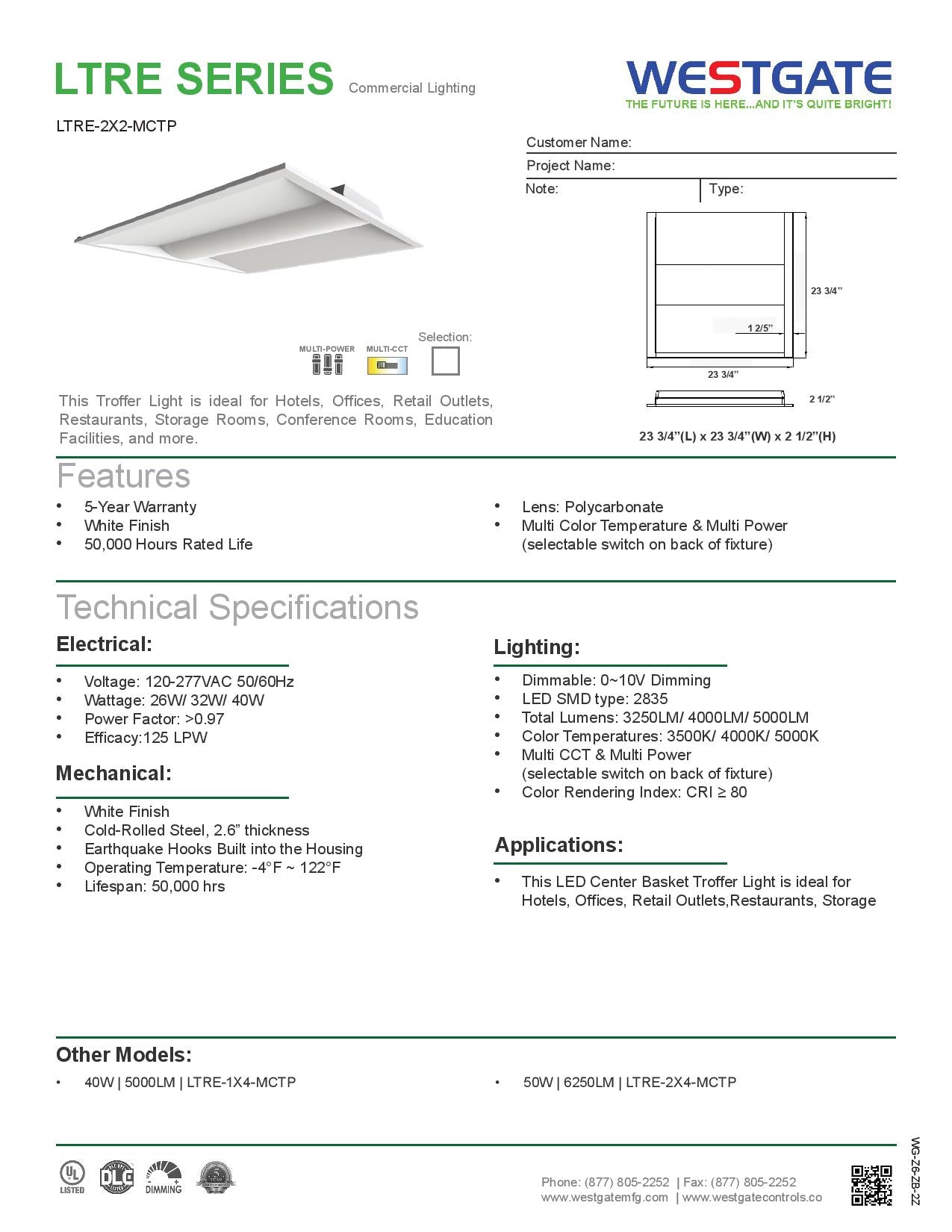LED Center-Basket MCTP Troffer Lights 2 x 2