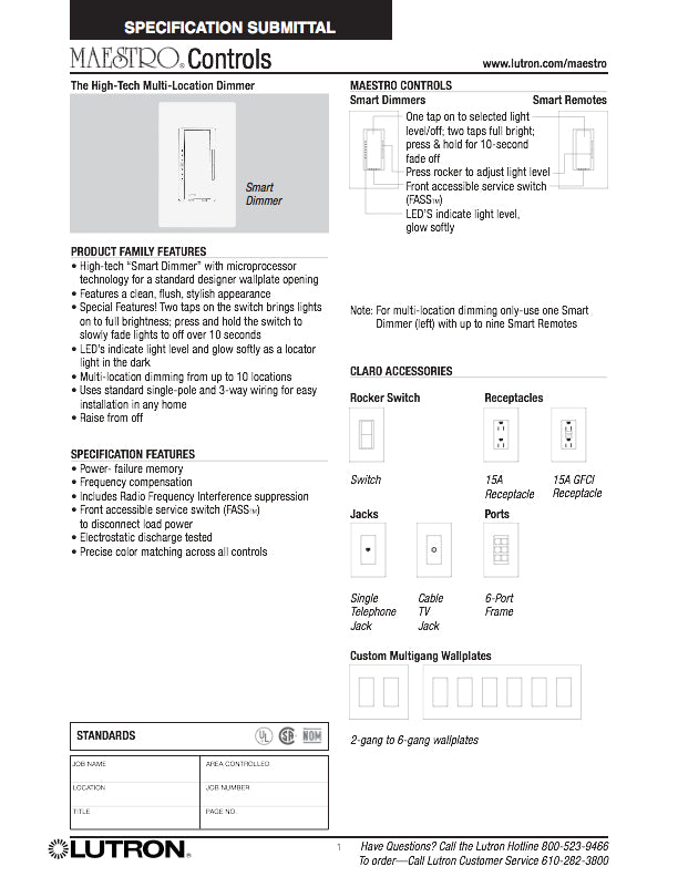 Maestro Dimmer for Incandescent and Halogen, 1000-Watt, Single-Pole