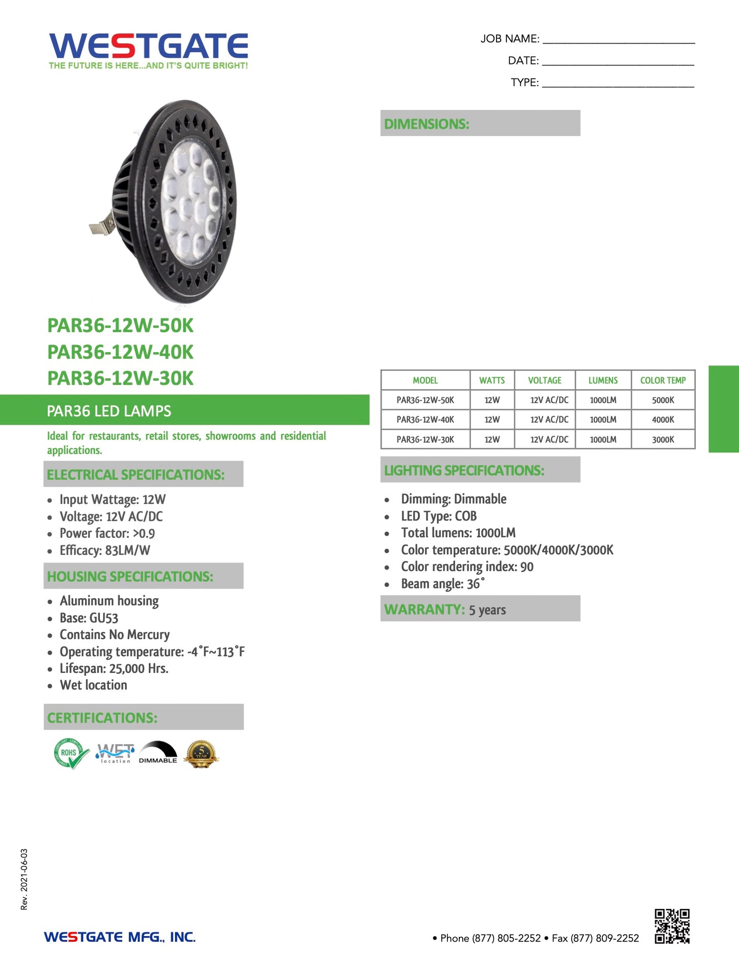 LED Par36 30K Lamp