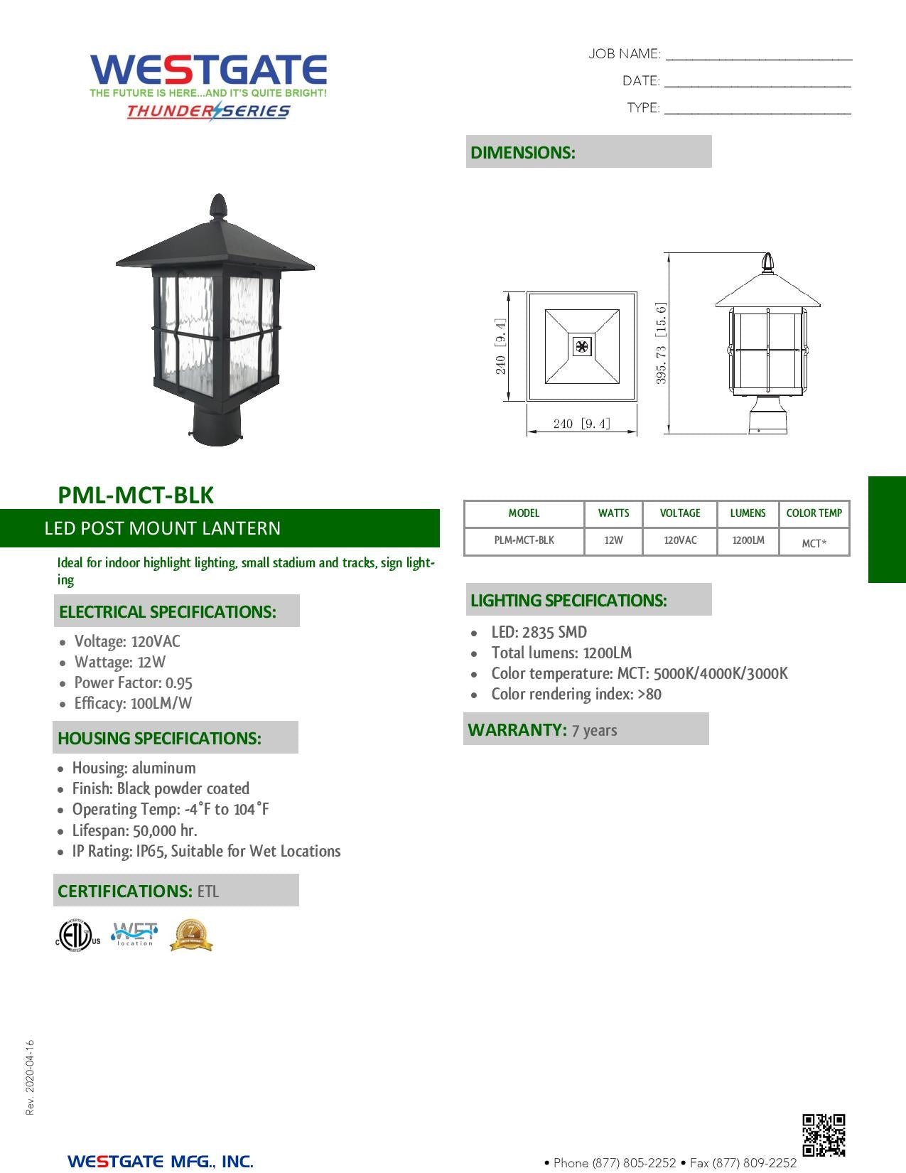LED Multi-CCT Post Mount Lantern - WESTGATE