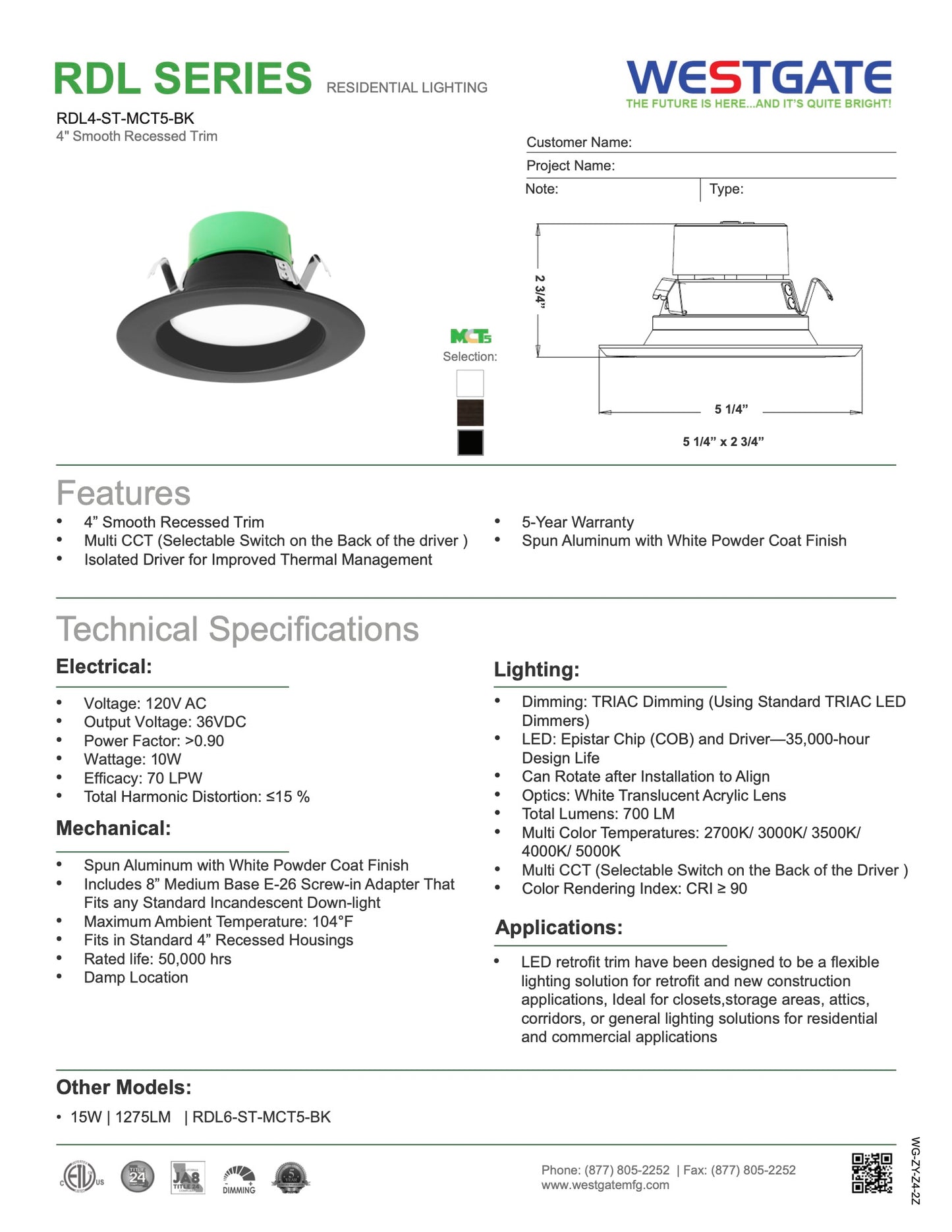 LED Multi-CCT Recessed Light with Smooth Trim, 10W, 2700K/3000K/3500K/4000K/5000K
