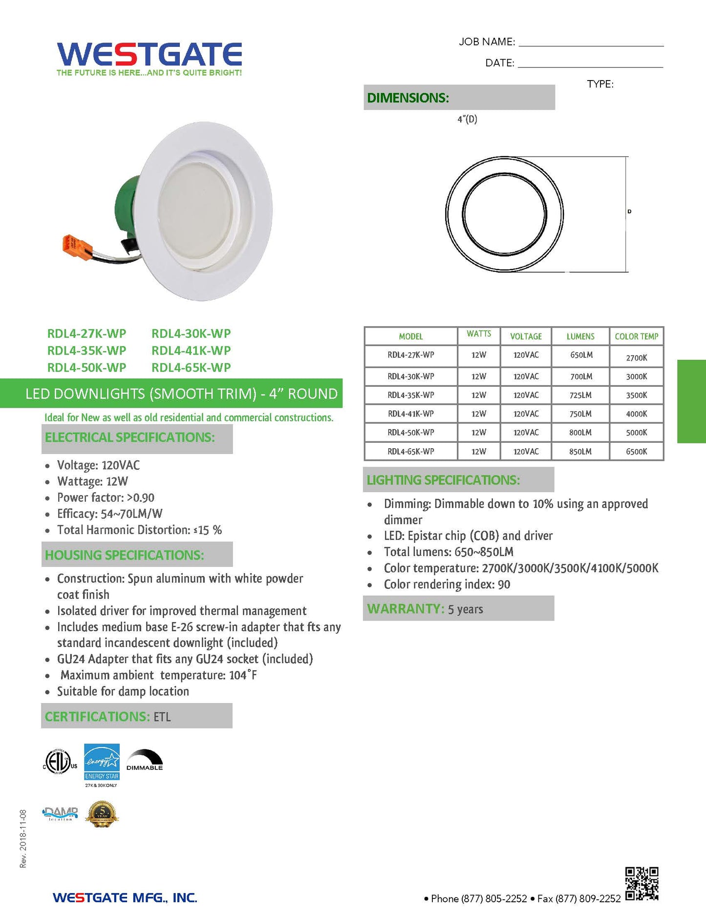 4 Inch LED Downlight - RDL4-50K-WP