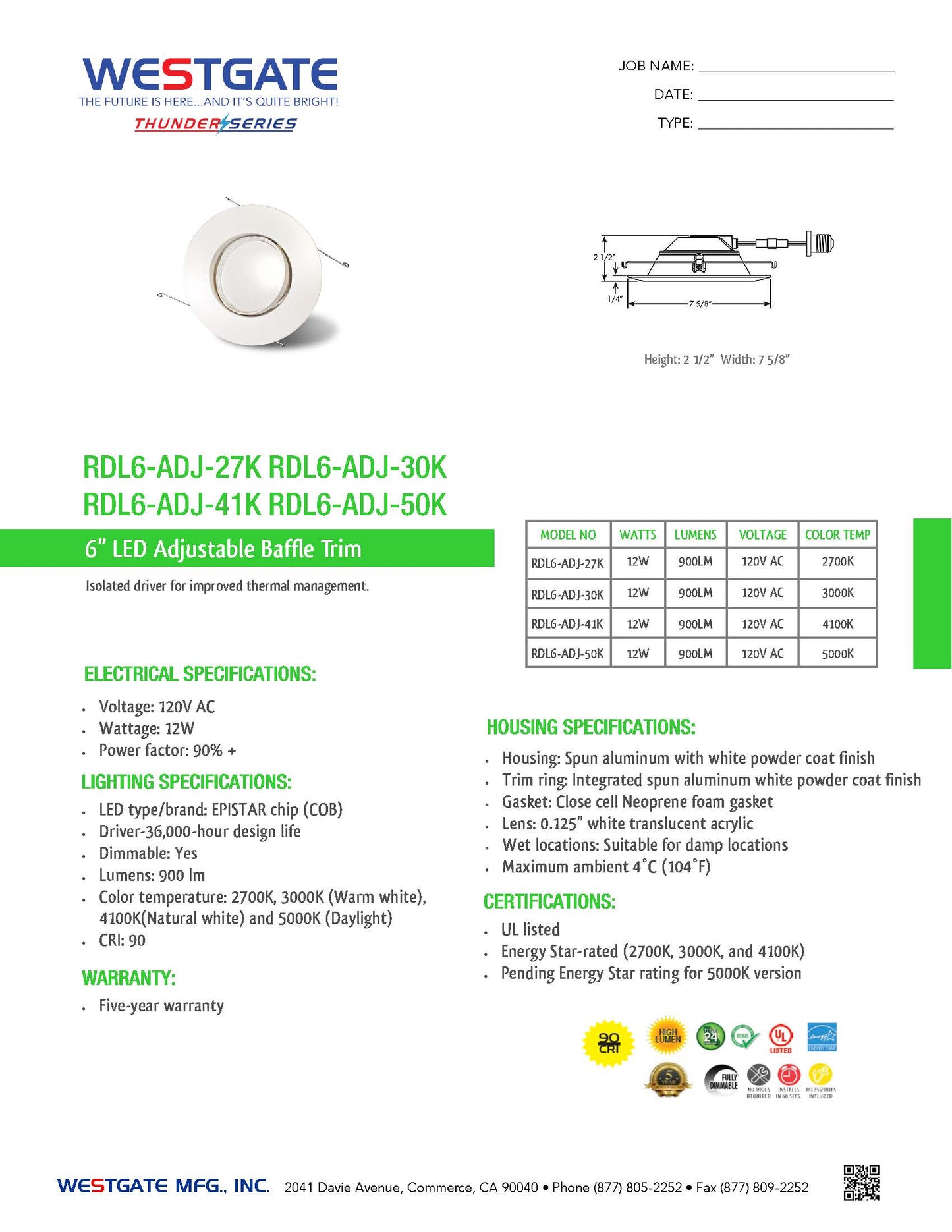 6” LED Adjustable Downlight Dimmable