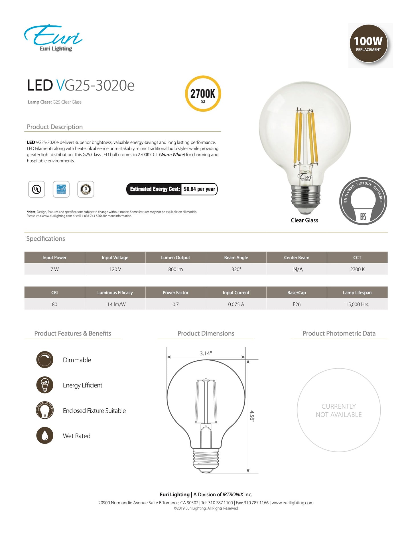 LED Filament Bulb - G25