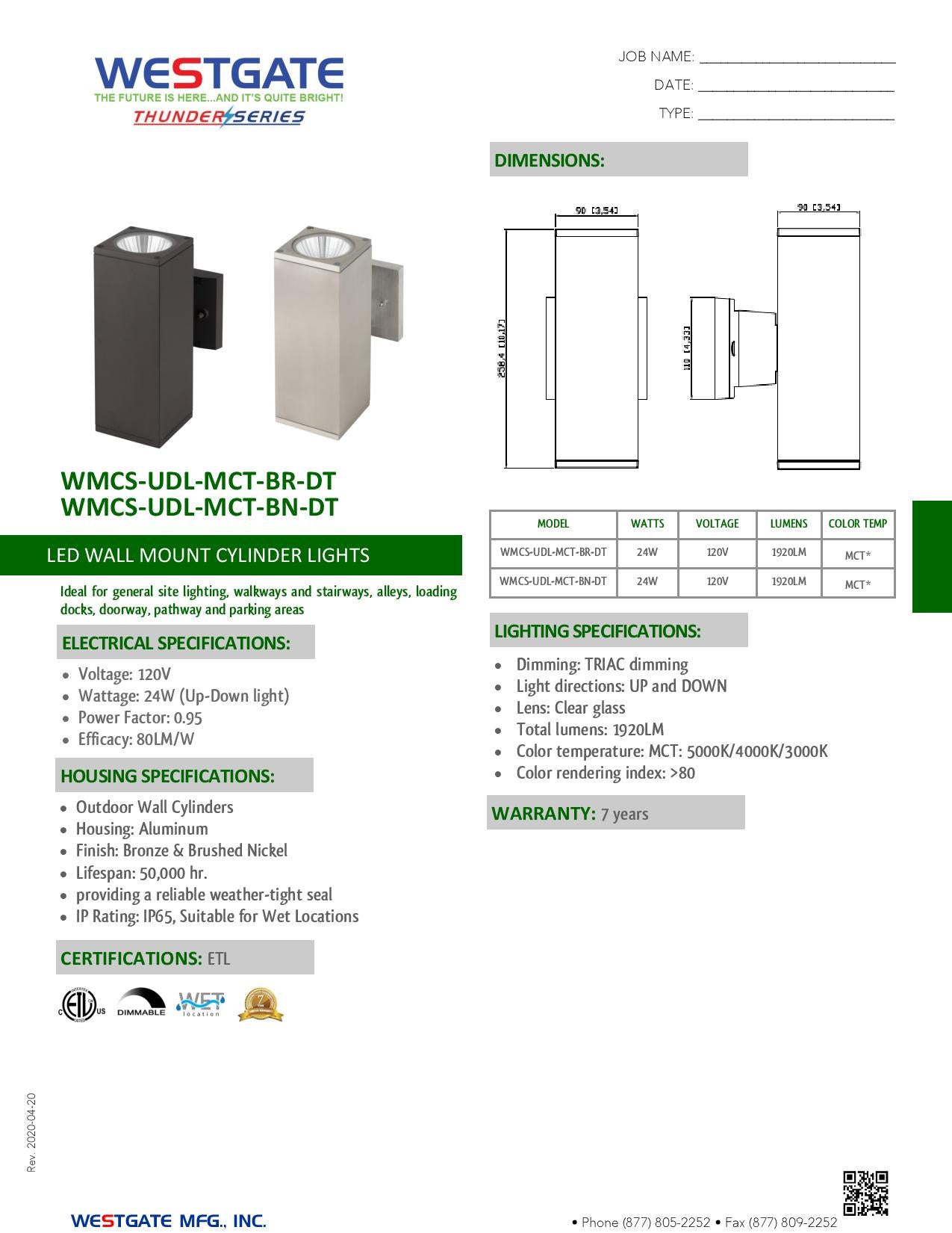 LED MCT Square Wall Mount Cylinder Lights - WMCS-UDL-MCT-BR-DT