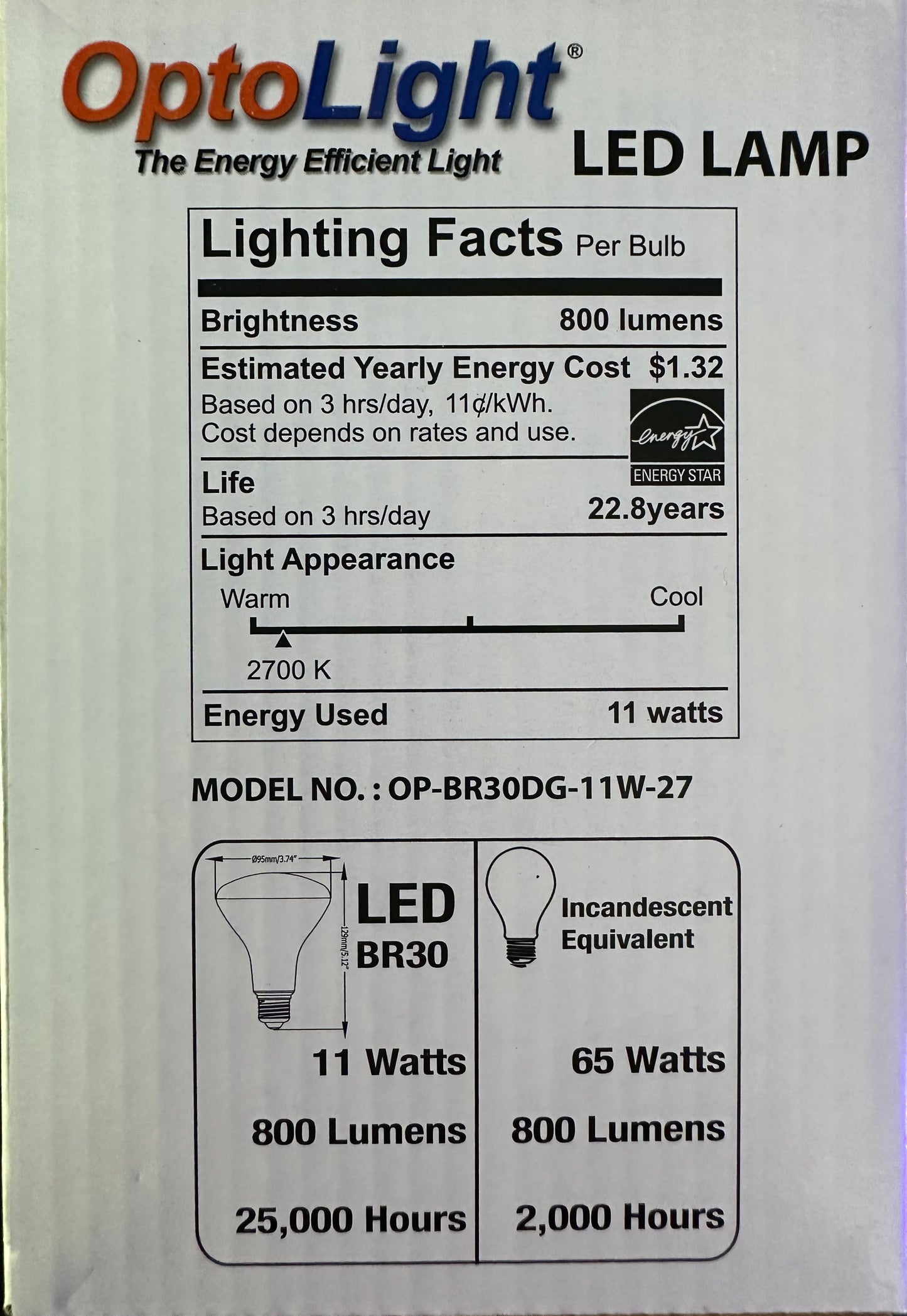 OptoLight LED Dimmable BR30 11W 2700K