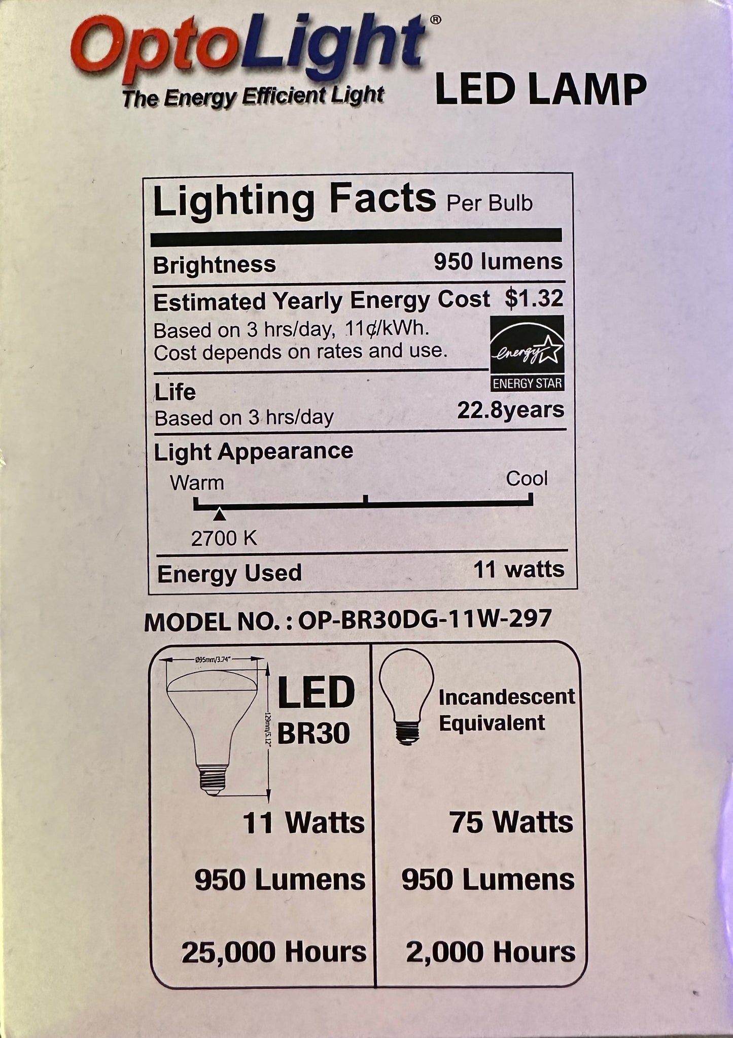 OptoLight LED Dimmable BR30 Light Bulbs 11W 2700K (2 Bulbs)