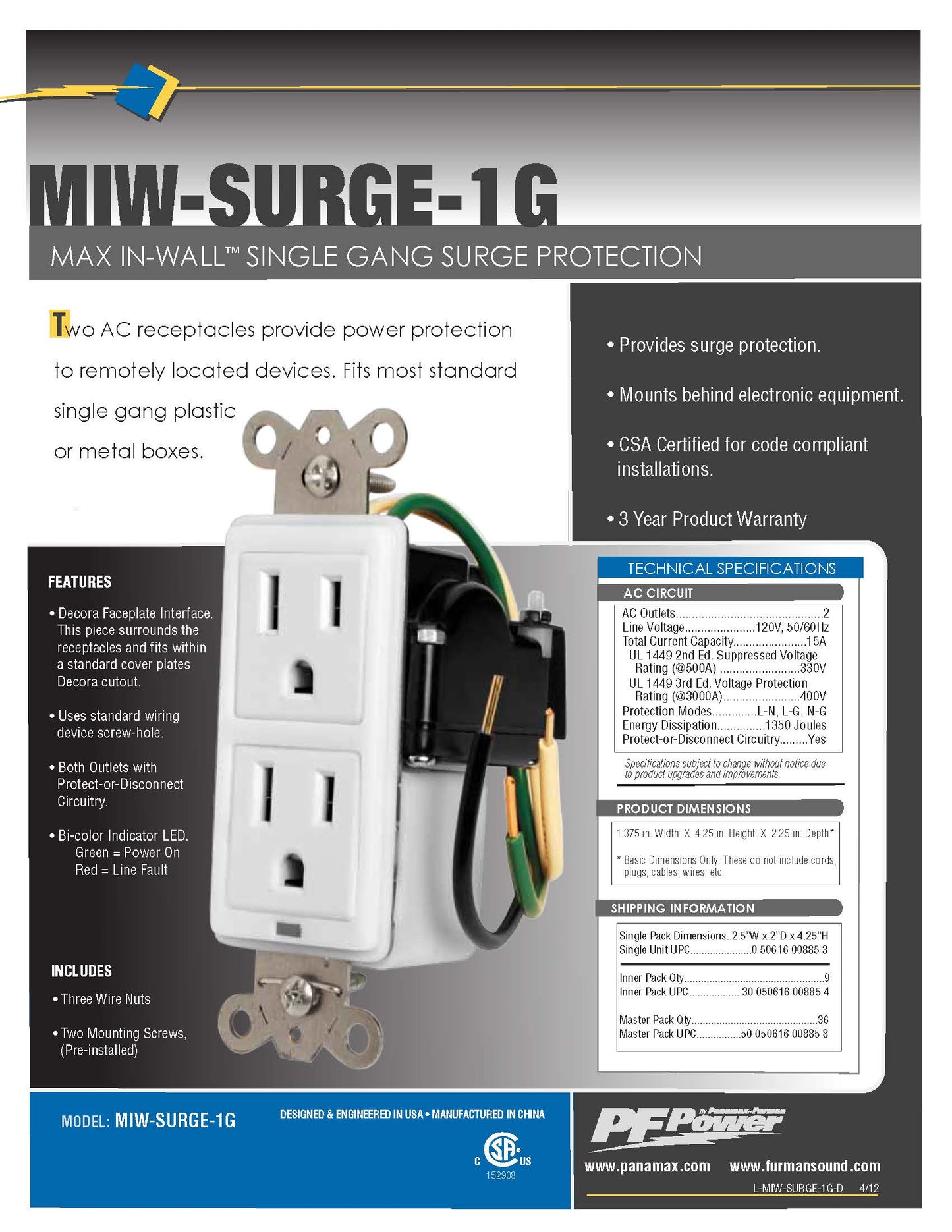 Surge Protected AC Receptacle - PANAMAX