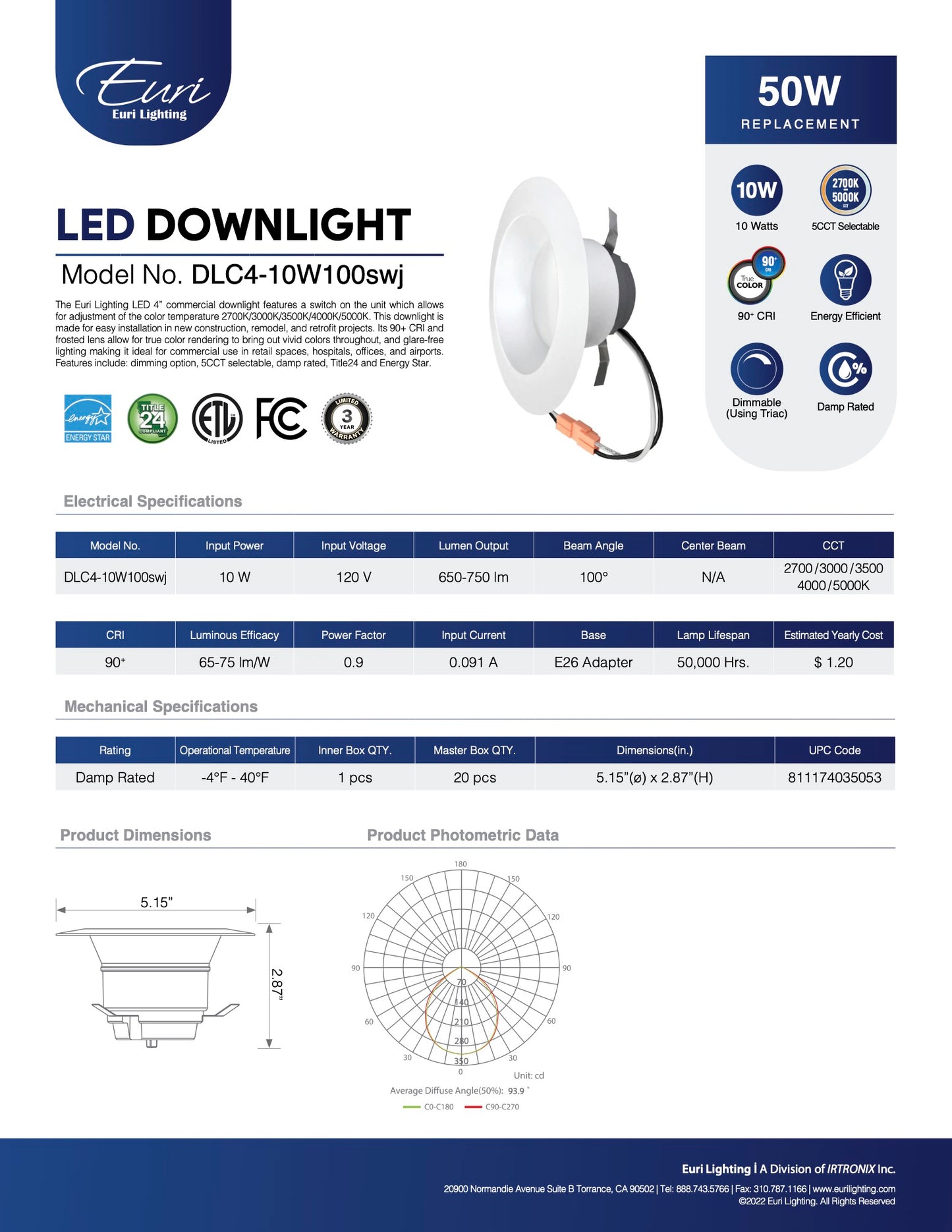 4” Recessed Downlight 5CCT Selectable E26 Adapter Included Dimmable