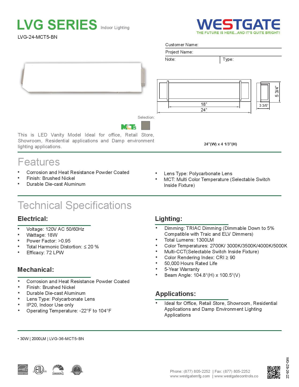 WESTGATE LVG Architectural LED Multi-CCT Vanity Light with Square PC Lens