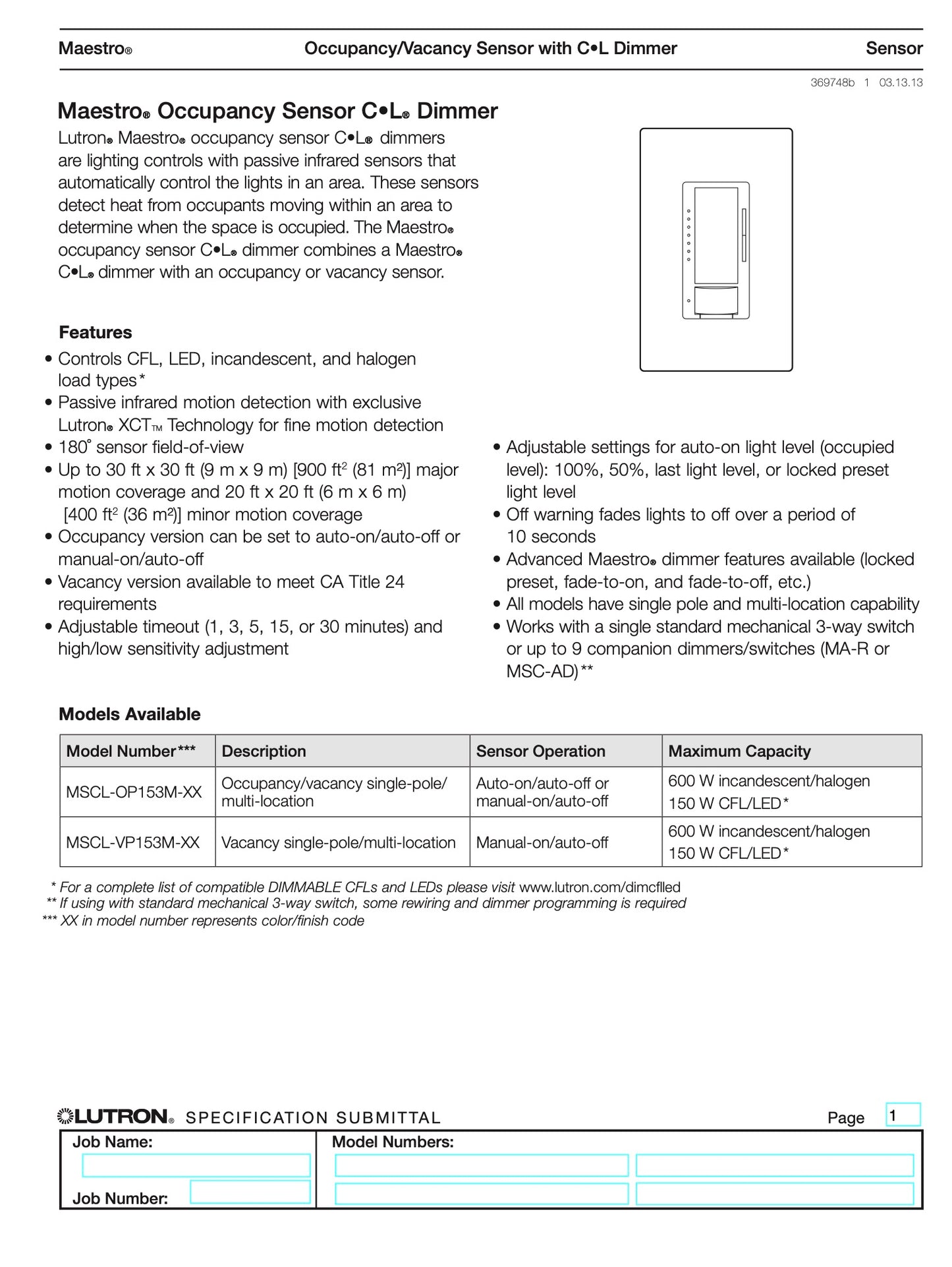 Lutron Maestro LED+ Dimmer 1.5 Amp Motion Sensor, Single Pole and Multi-Location
